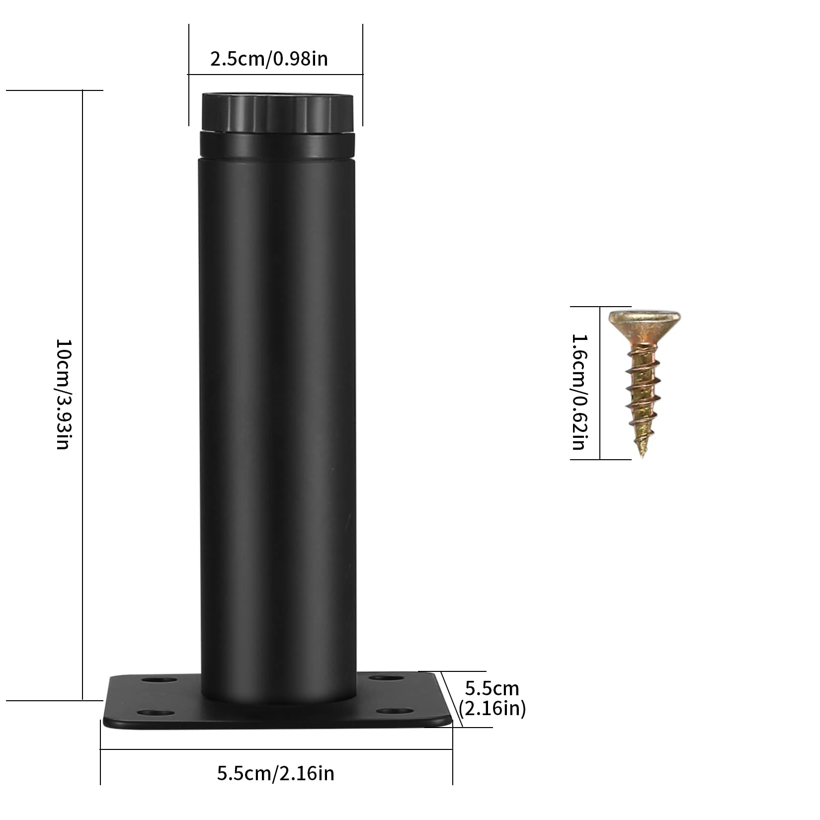 4 Piedini Regolabili Per Mobili M8 – In Metallo E Gomma, Altezza 110 Mm, Base 48 Mm, Girevoli, Antigraffio, Nero - 3