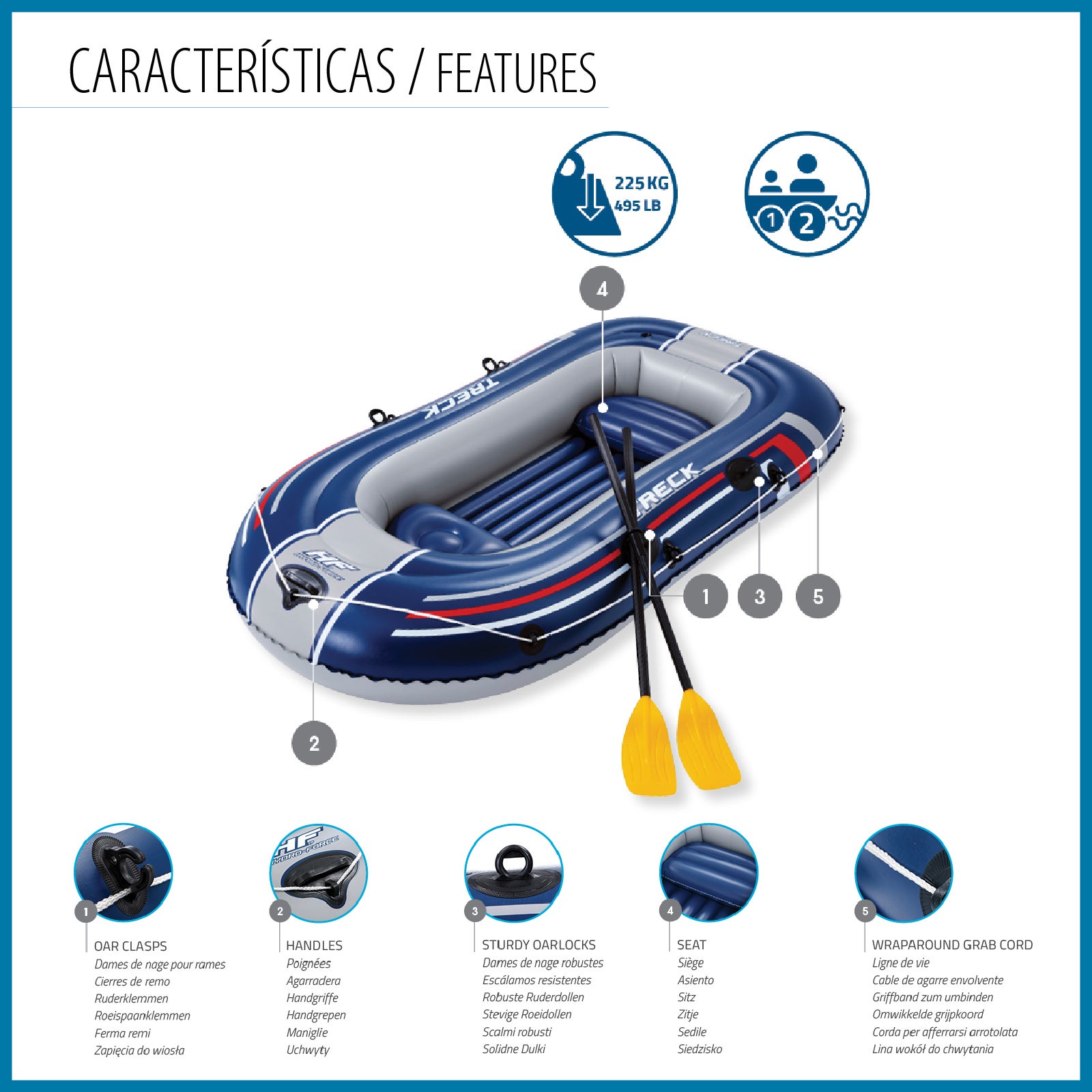 Bateau gonflable pour 2 adultes et 1 enfant Bestway Hydro-Force Treck X2 255 x 127 x 36 cm, avec 2 rames et une pompe à pied incluse - 3