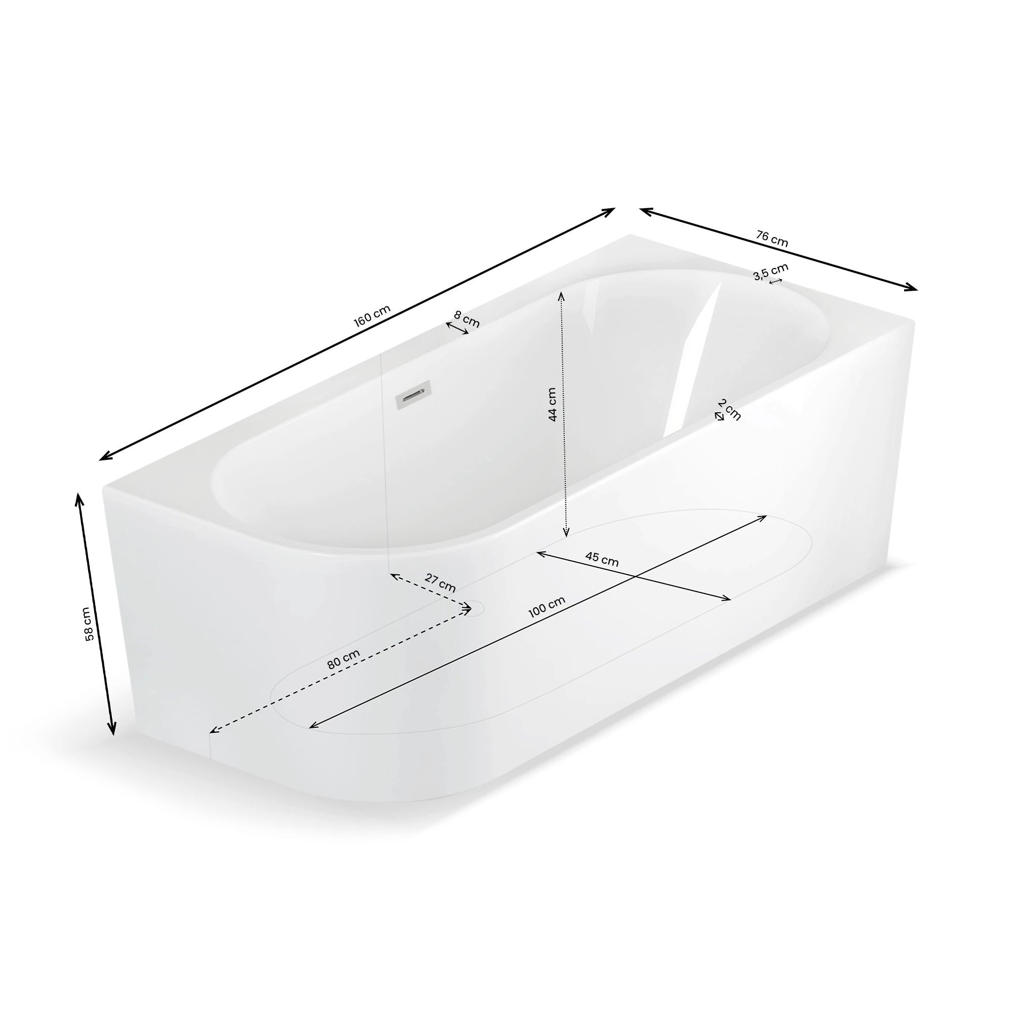 Baignoire Semi-îlot Murale D'angle Capri 160 Droite Blanche 160 X76 X58 Cm, By Spalina - 8