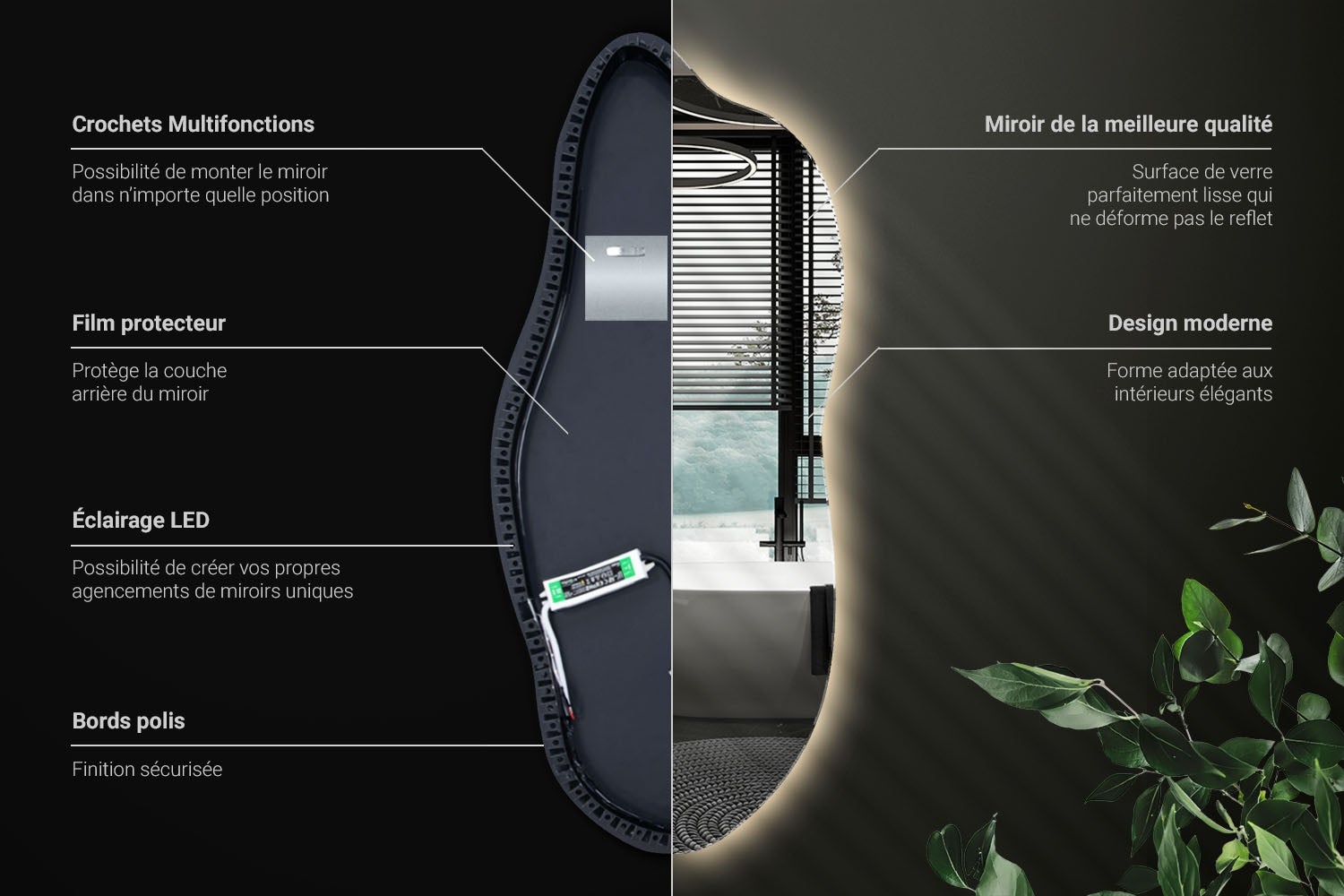 Miroir forme organique led | Wallfluent | 45x100 cm | avec lumière chaude | style unique pour décoration intérieure - 4