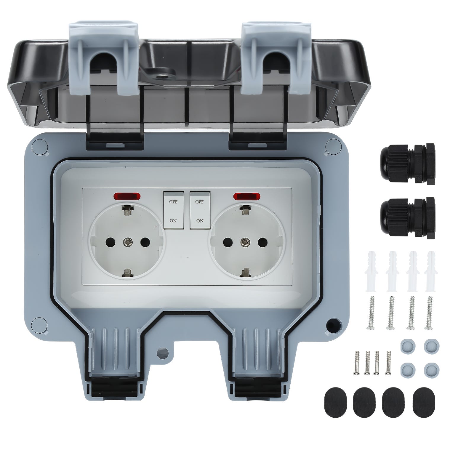 TIMLand Prise Extérieure Étanche IP66 - Double Prise Murale Avec Interrupteur Témoin Lumineux Pour Jardin, Balcon, Terrasse, Piscine Et Garage
