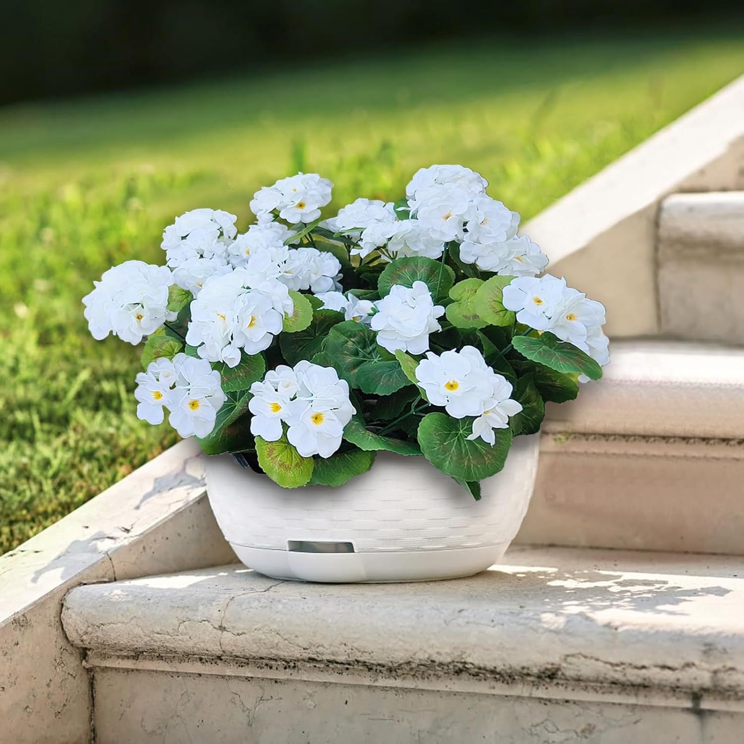 Paquete de 4 geranios de seda anti-UV, flores artificiales y plantas verdes para decoración de jardín y boda, blanco, 35 cm - 4