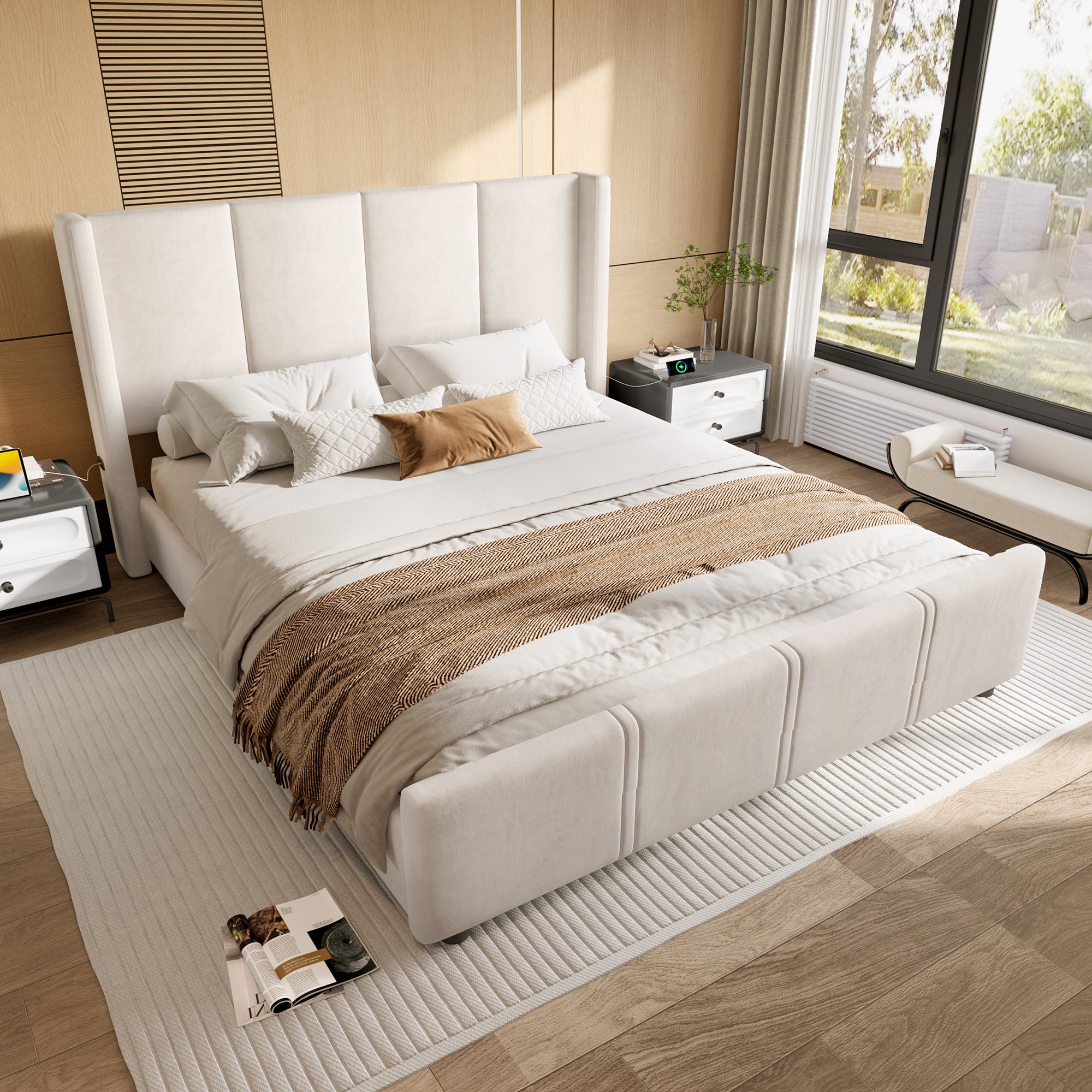 Lit 160x200 avec USB ,Cadre de Lit Rembourré moderne avec tête et pied de lit hauts, Velours Beige(Sans Matelas) - 7