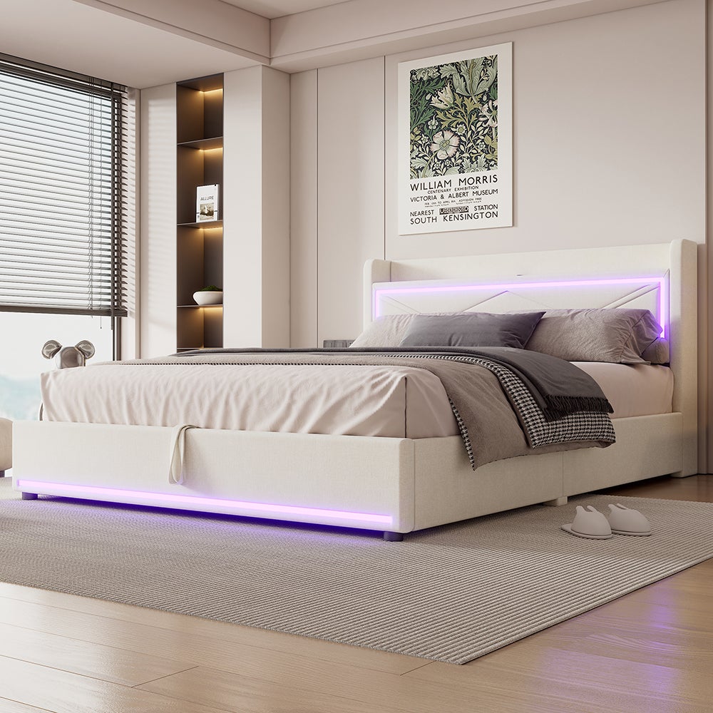 Lit Coffre Merax 160x200cm Avec LED Et USB - Gris Lin, Sans Matelas