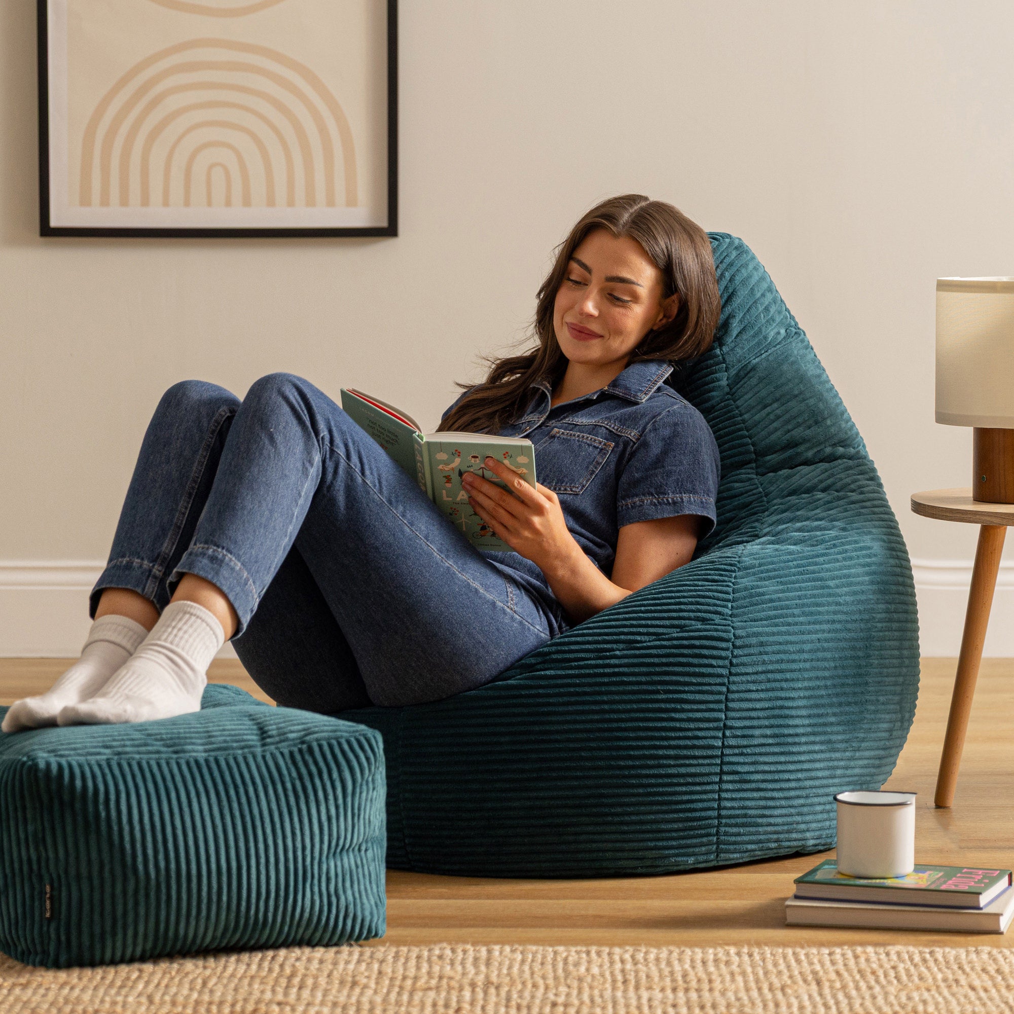 Pouf Icon à dossier haut avec repose-pied carré velours côtelé bleu canard, 84x84cm, Made in Allemagne, Oeko-Tex® - 3