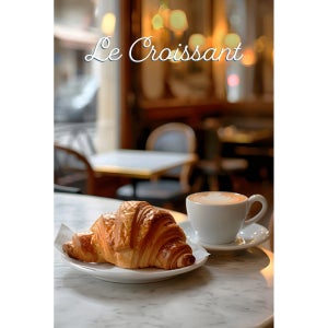 Tableau Encadré Rétro Café & Croissant - 60x40 Cm, Bois De Pin, Finition Mat, Déco Cuisine Ou Salon