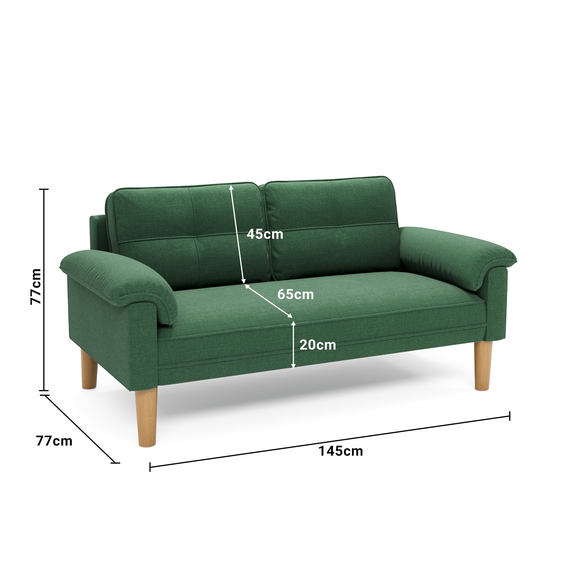 Canapé 2 places vert en tissu,design scandinave,assise confortable,pieds en bois,pour salon et petit espace,145 x 77 x 77 cm - 3