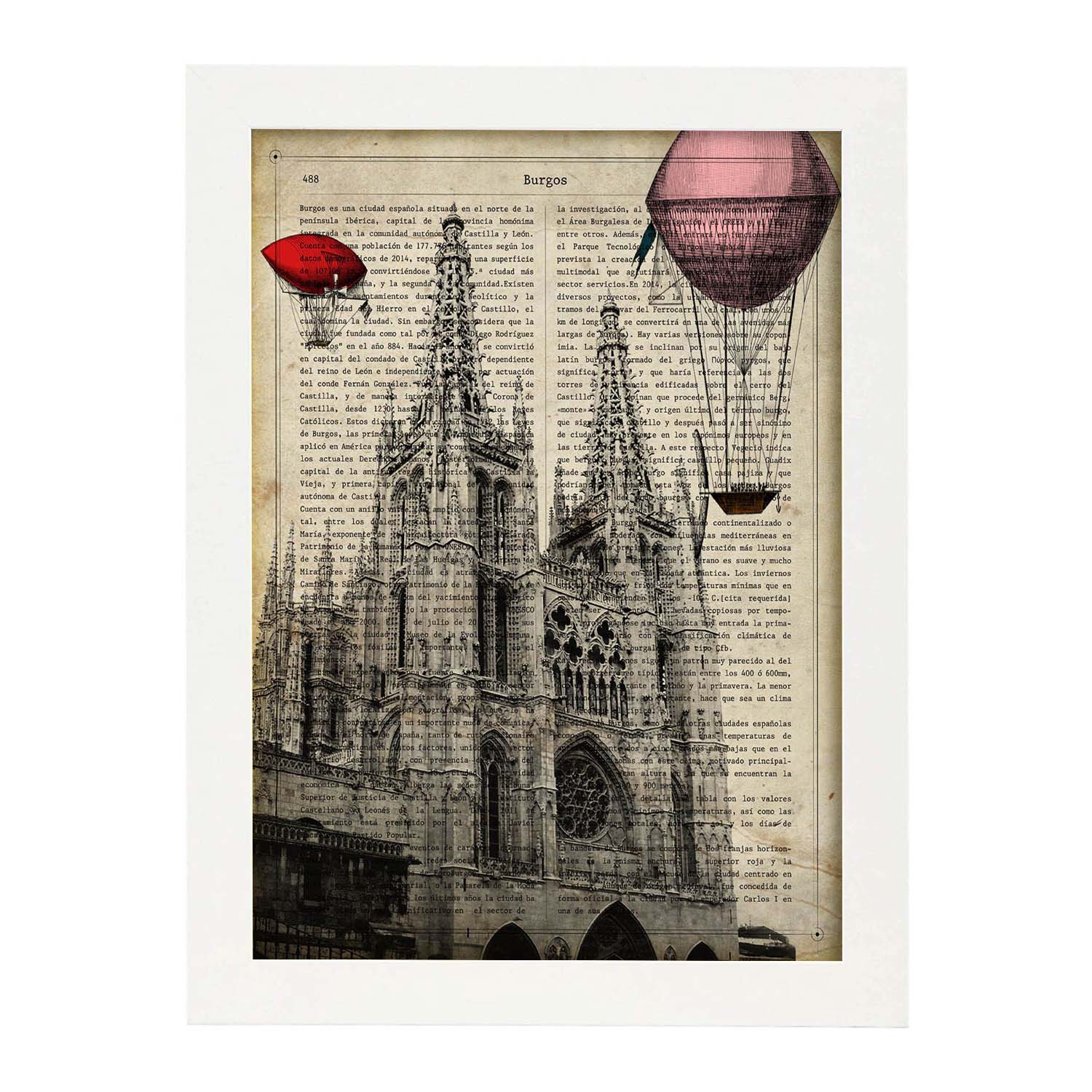 Lamina ciudad de burgos. estilo vintage. ilustracion, fotografia y collage con la historia de burgos. marco negro - a3