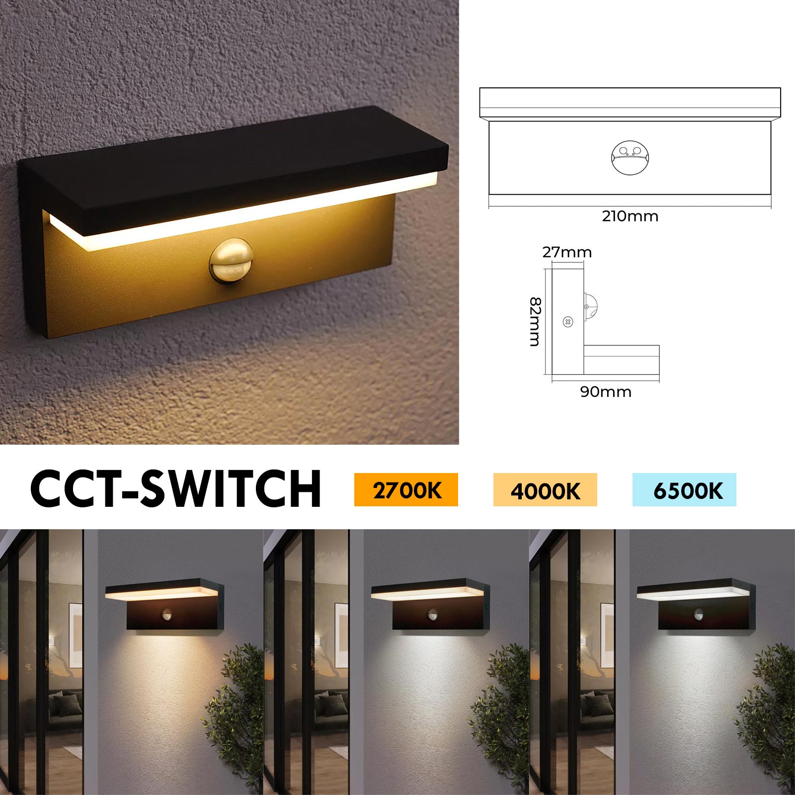 Applique murale extérieure avec capteur LED CCT SWITCH 10W étanche IP54 applique murale jardin entrée garage parking COULEUR NOIR - 5