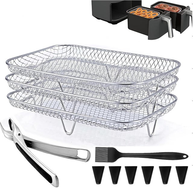 Grille Vapeur pour Friteuse, Accessoires pour Friteuse, 3 Couche Supports de Friteuse, Pinces anti-brûlure, brosse à huile, pour COSORI/NUWAVE/Ninja