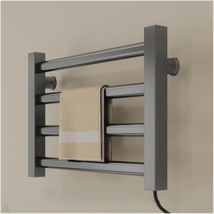 Inteligentny grzejnik ścienny na ręczniki, 80W, etryczny, do łazienki, 4 drążki, wtyczka, szary.