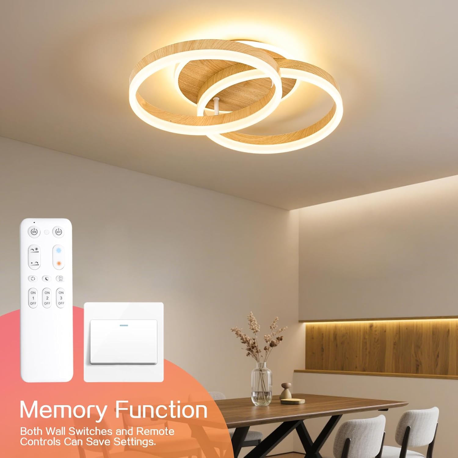 Amdelne Plafonnier LED 2 Anneaux Ø50cm 36W, Design Moderne, Dimmable avec Télécommande, Métal+Acrylique, Effet Bois, Salon/Chambre/Salle à manger - 4