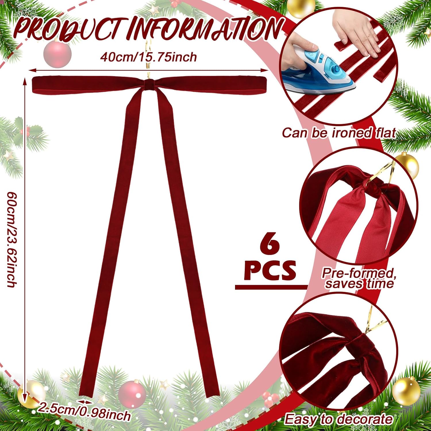 Juego de 6 lazos largos de terciopelo burdeos, adornos navideños, para árbol, corona, escalera, chimenea, puerta, 60 x 40 cm - 2