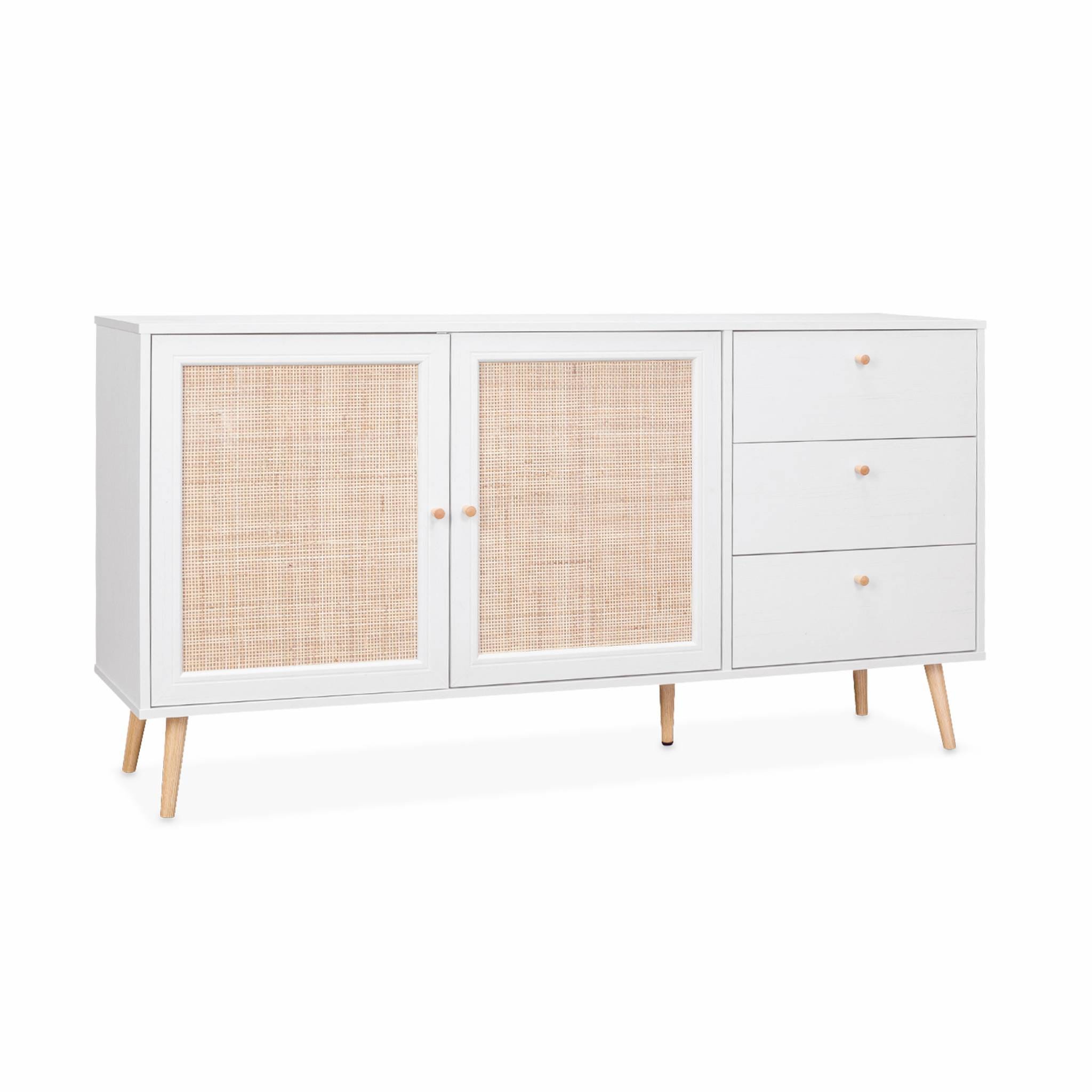 Buffet de rangement blanc en cannage 2 portes 3 tiroirs. buffet bas ...