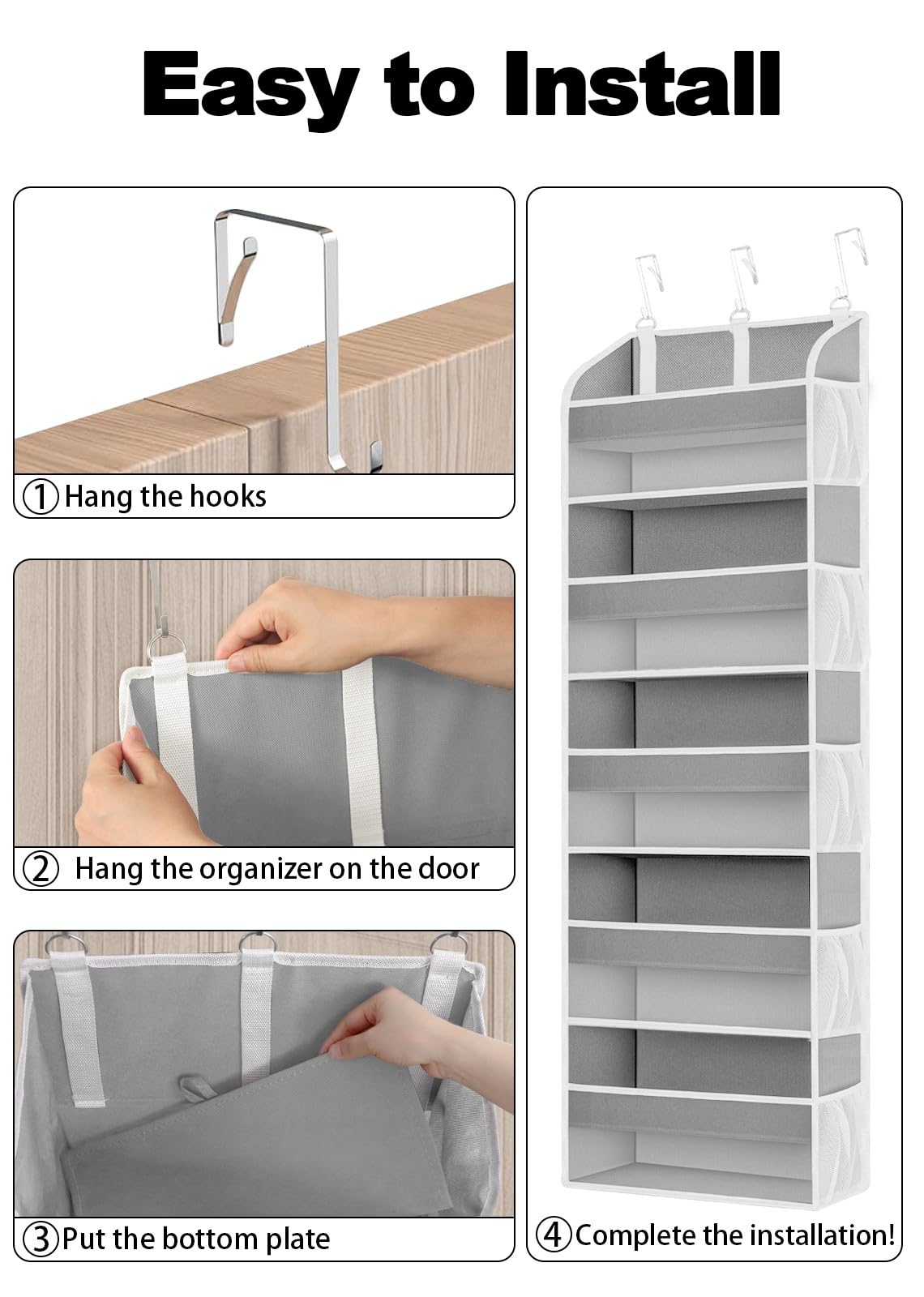 Étagère de rangement suspendue derrière la porte avec 5 poches, organiseur de porte épais en non-tissé,étagère suspendue pour salle de bain,gris clair - 4