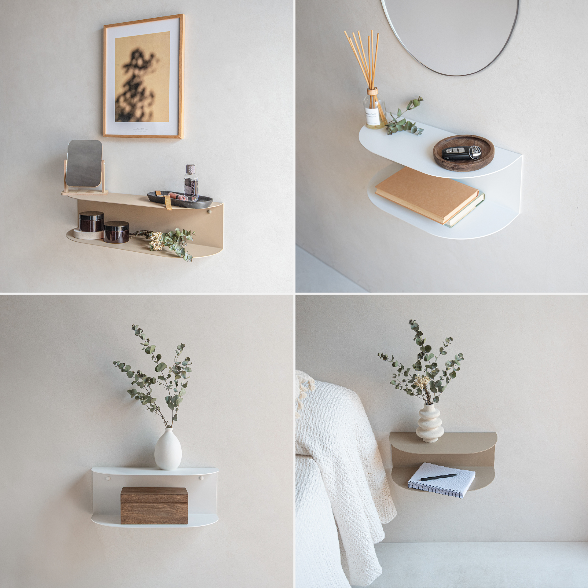 Lot de 2 Table de nuit suspendue en métal Beig Sable, Ovva | Etagere murale design à deux niveaux L.40 x P.17 cm, Ep.13 cm - MILUKA - 5