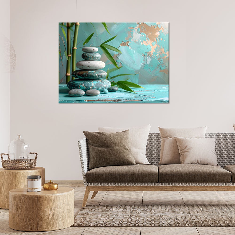 Obraz turkusowy do salonu sypialni, Kamienie zen spa liście bambusa 90x60 - 2