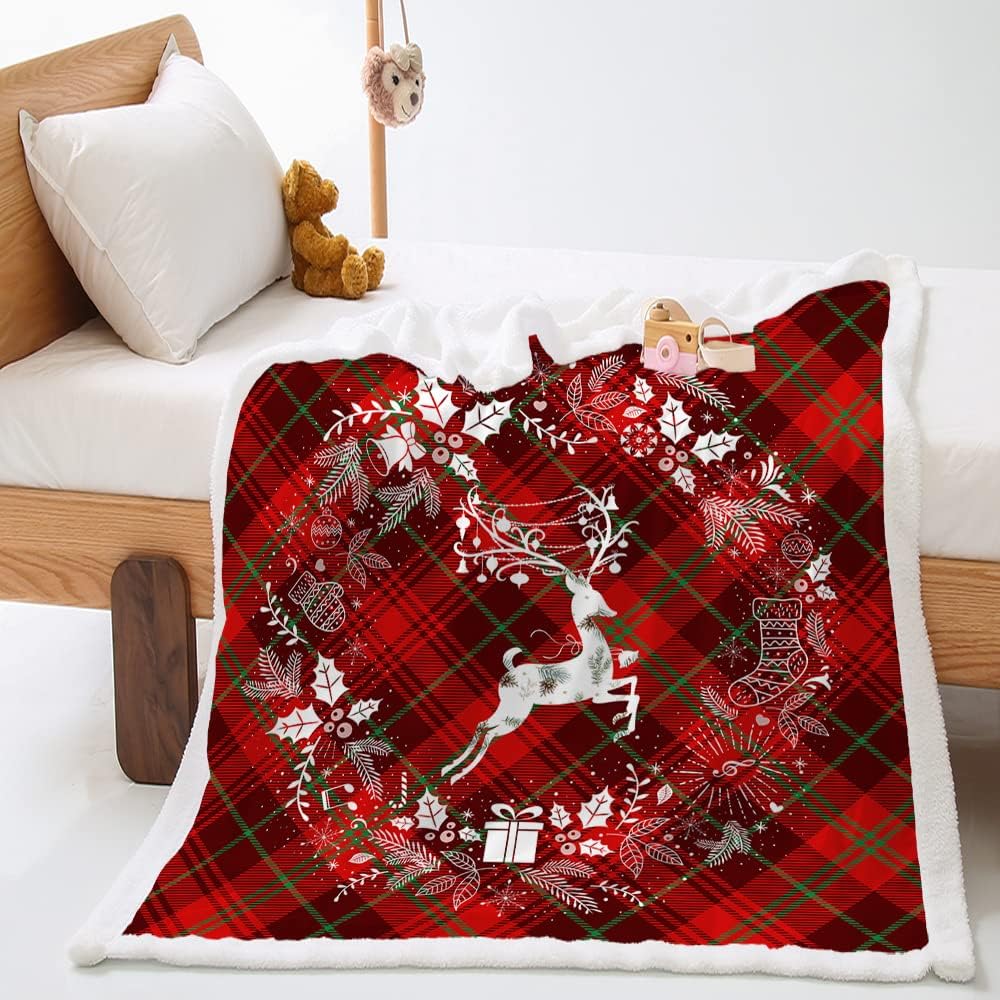 Klasyczny świąteczny koc polarowy w kratę, z mikrofibry, ciepły, dwustronny i puszysty na zimę (90 x 120 cm)