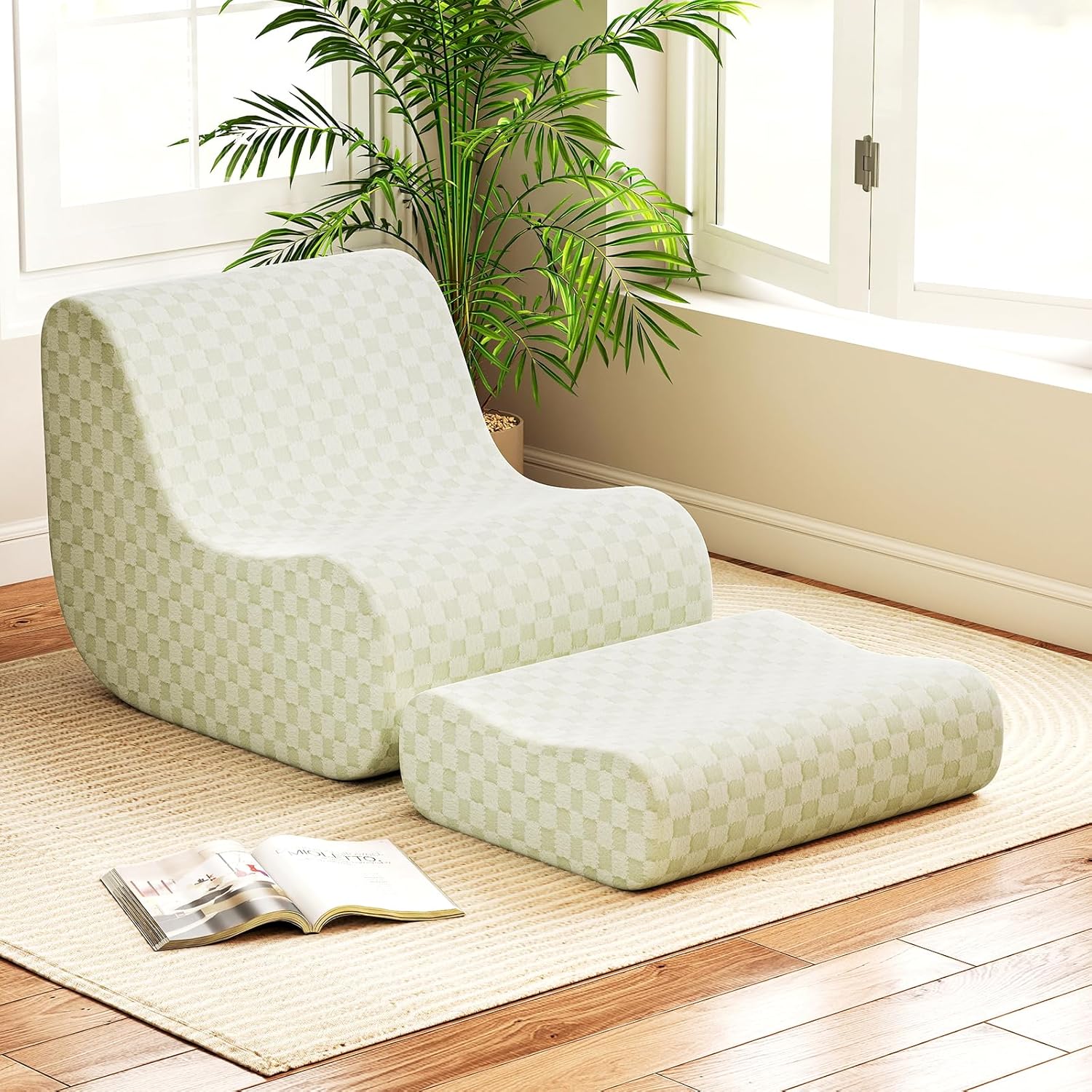 Krzesło-Pufa z Podnóżkiem, 2 w 1, Krzesło Typu Lazy Chair z Wypełnieniem z Pianki, Miękka, Zmywalna Tapicerka z Pluszu dla Dorosłych (Zielone)