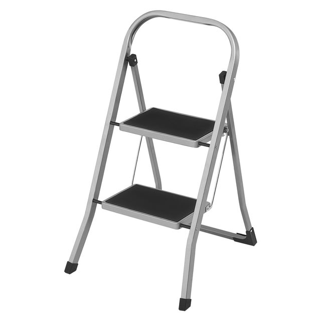 Marchepied 2 Marches Pliable, Escabeau, Verrou de Sécurité, Facile à Ranger, Charge 150 kg, Gris