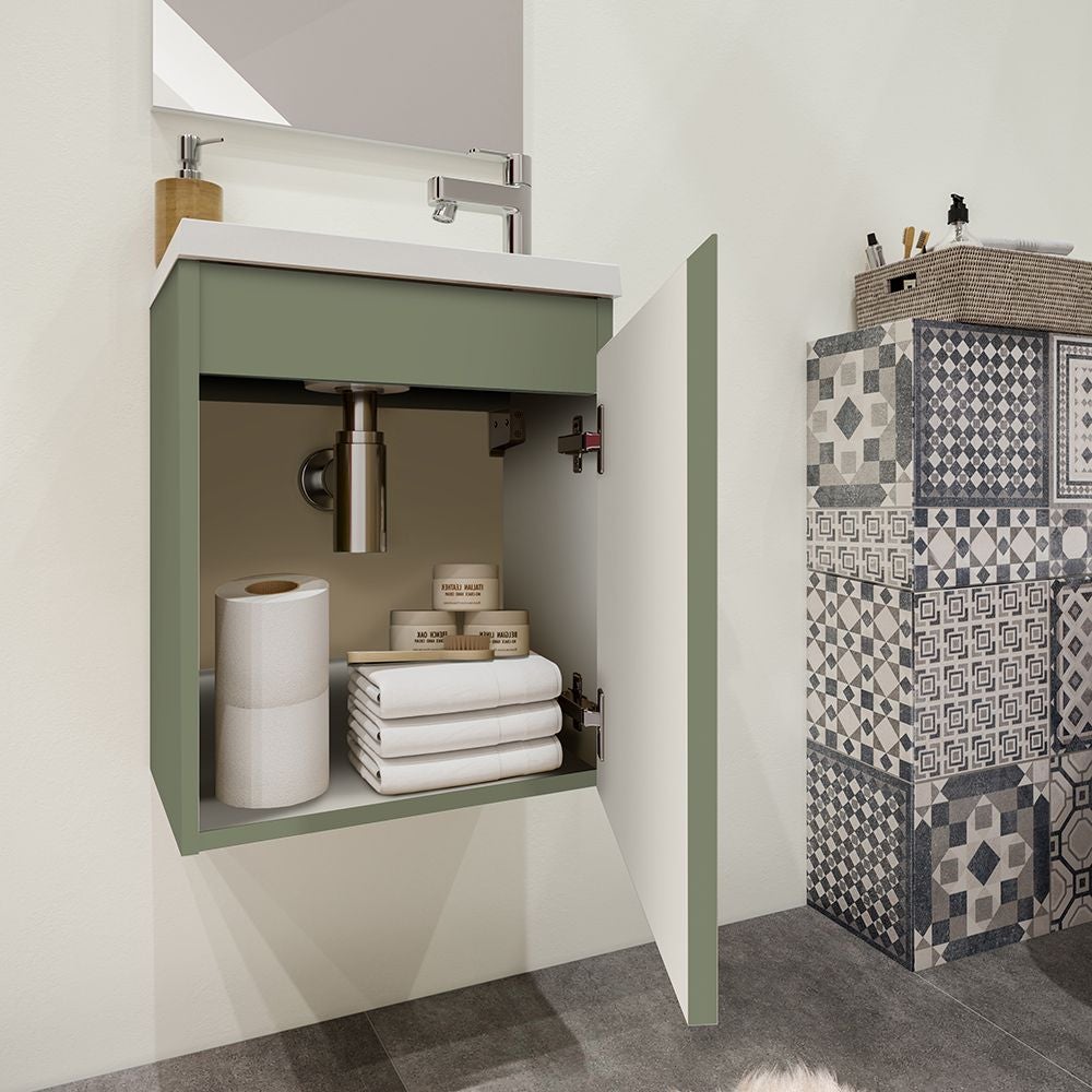 Ensemble meuble lave-mains avec miroir PORTO PACK - vert de gris - L40 x H51 x P25 cm - 3