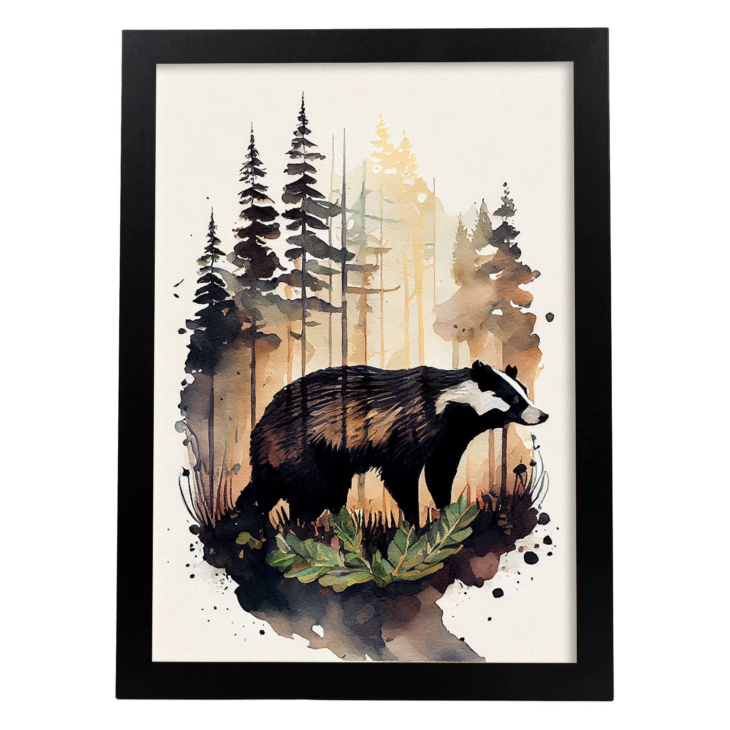 Nacnic poster de tejón en estilo acuarela ilustraciones a todo color de animales salvajes en la naturaleza y diseño de interiores a3 con marco negro
