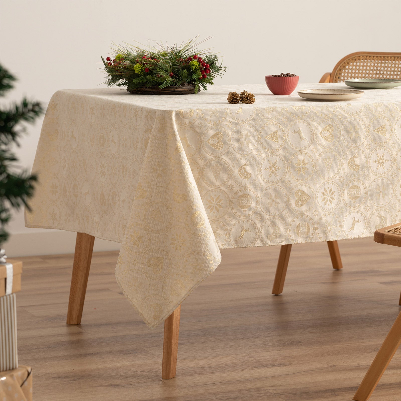 Mantel navidad algodón cuadrado jacquard círculos crudo 140x140 cm - ballcry