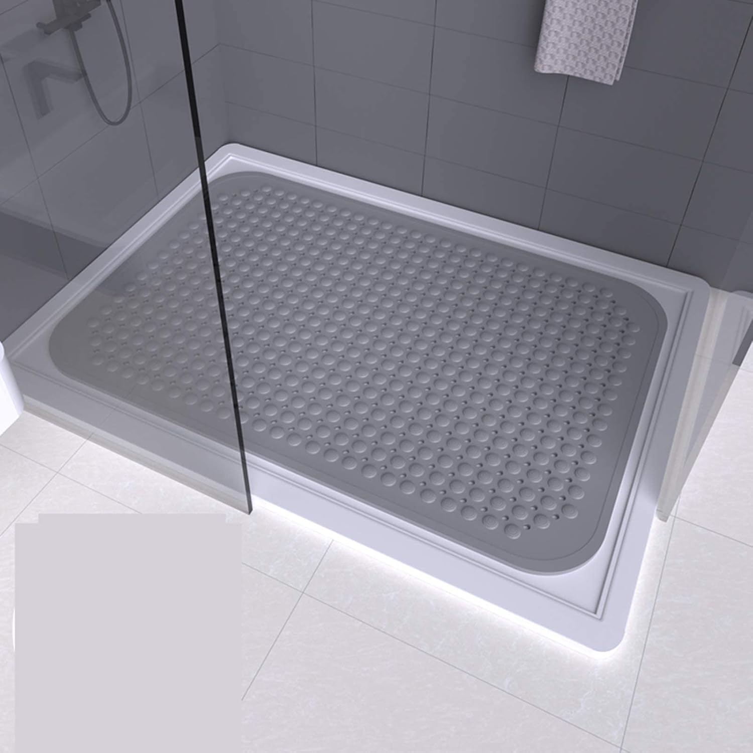 Alfombrilla de ducha rectangular gris de 88 x 58 cm, antideslizante, para baño, ducha, inodoro, pvc, masaje de pies