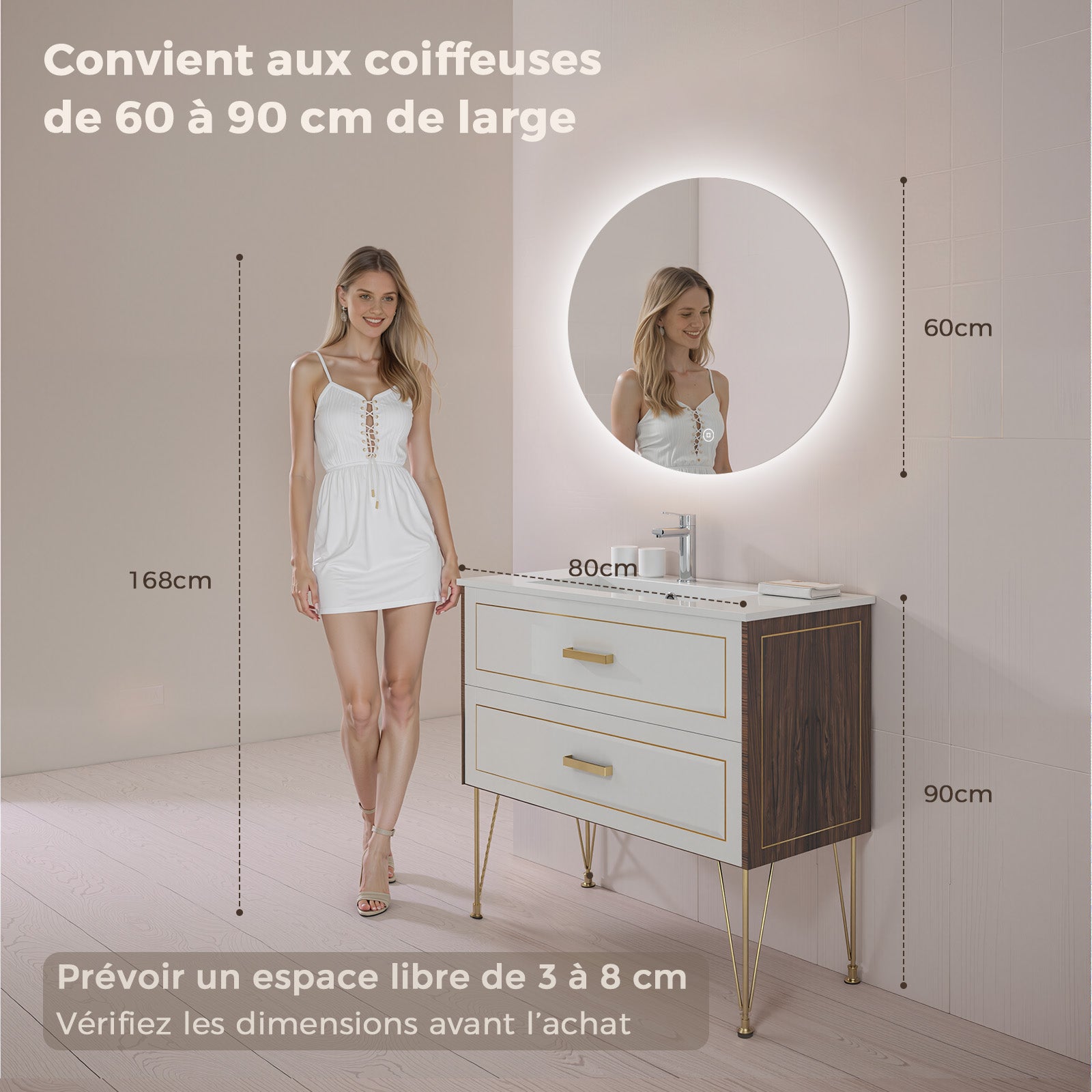 S'AFIELINA Miroir Salle de Bain avec Éclairage, Miroir LED Ovale 80 × 50 cm, Dimmable, 3 Couleurs de Lumière, Antibuée, Miroir Salle de Bain Lumineux | Leroy Merlin
