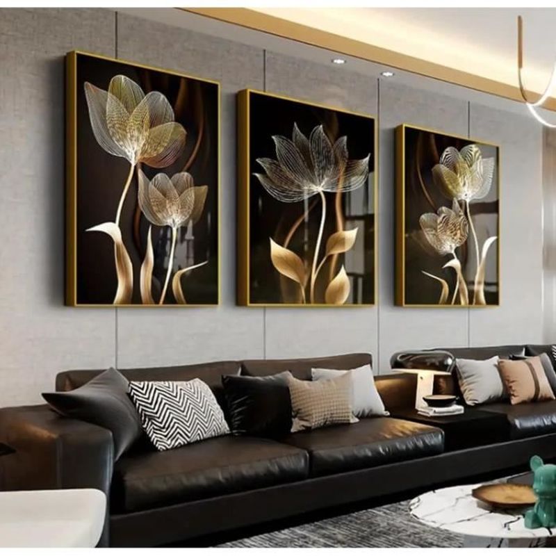 Lot de 3 tableaux muraux modernes noirs et dorés - Feuilles dorées Tableau mural Pour le salon Noir et doré Sans Cadre 30x40cm - 6