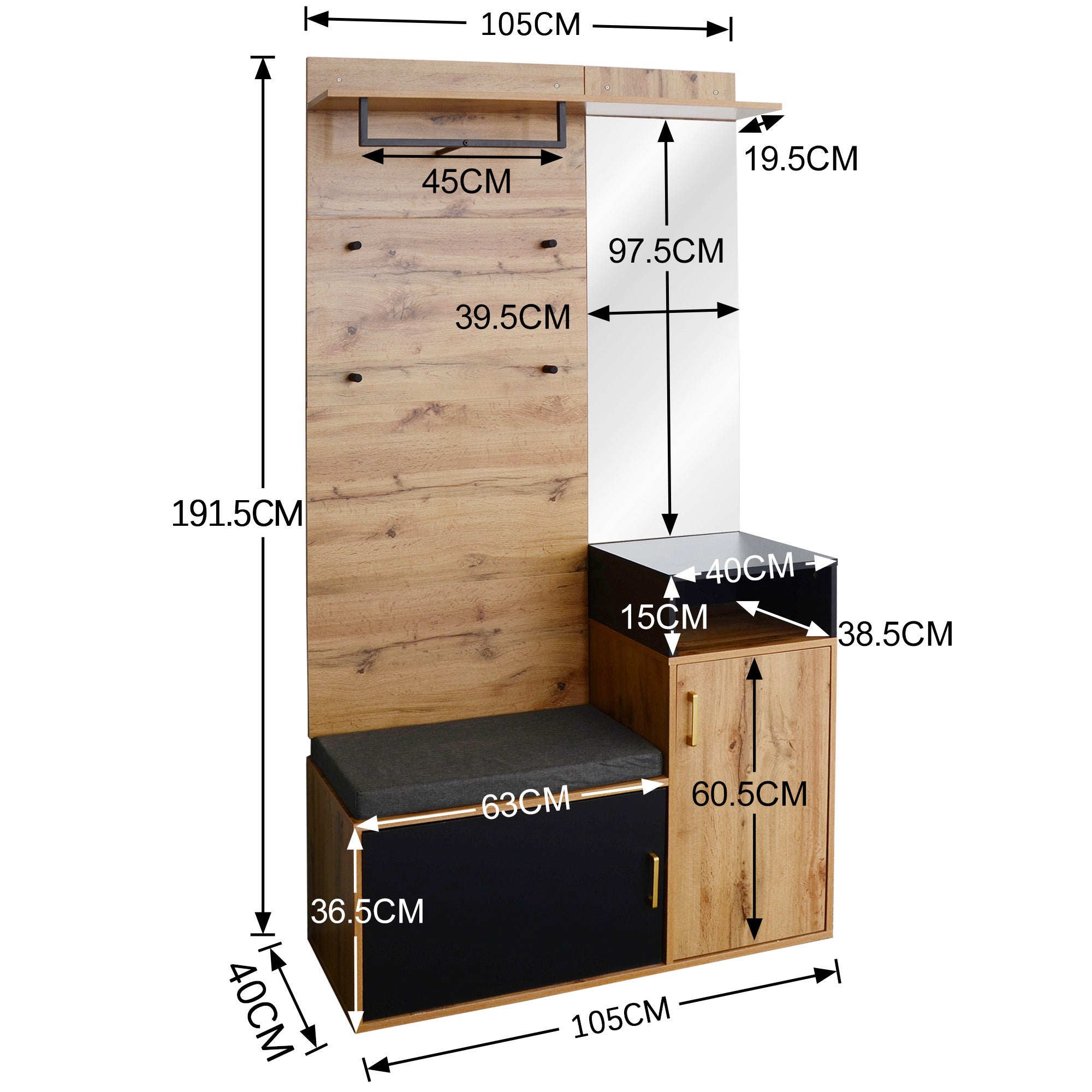 Ensemble de meubles d'entrée 191.5x105x40cm avec miroir porte-manteau et meuble à chaussures avec siège MDF et panneau de particules noir - 3