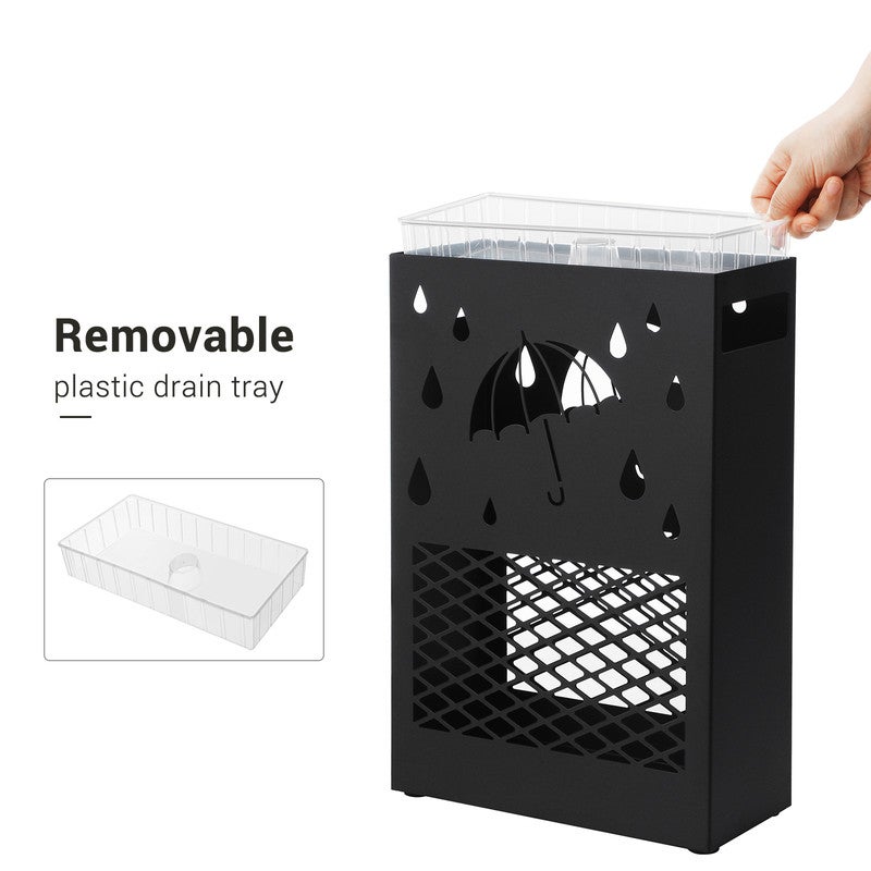 Porte-parapluies en métal, Support à rectangulaire, avec réceptacle d’eau amovible, 4 crochets, motifs ajourés, pour entrée, bureau, Noir - 3