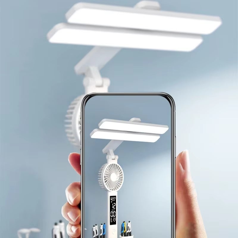 Lampe de table rechargeable pour le bureau, lampe de lecture, lampe de table LED à double lampe avec ventilateur et horloge - 9