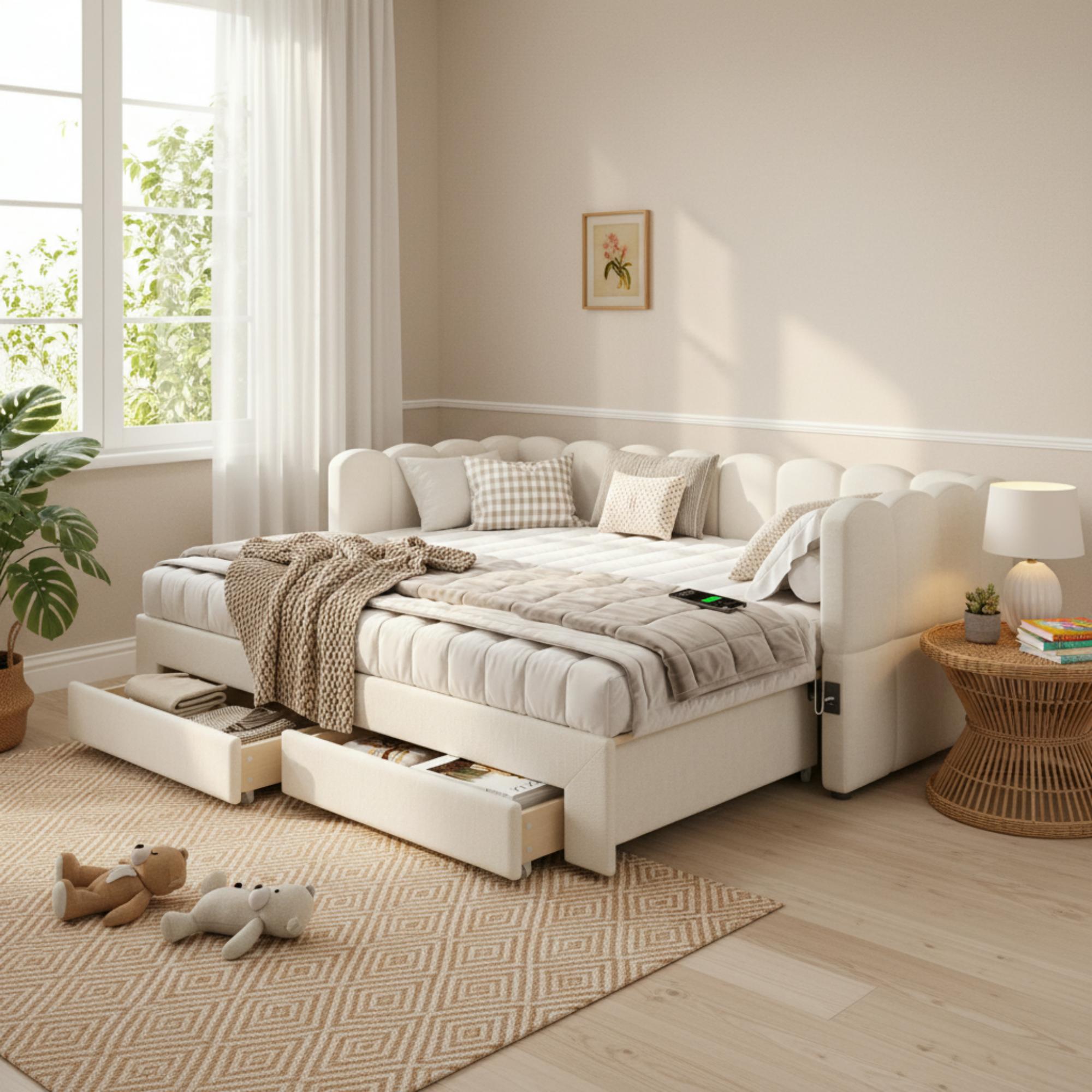 Łóżko wysuwane 90/180 x 190 cm z 2 szufladami, sofa rozkładana - Tkanina lniana - Port USB - Beżowy (Materac nie jest wliczony w cenę) - 4