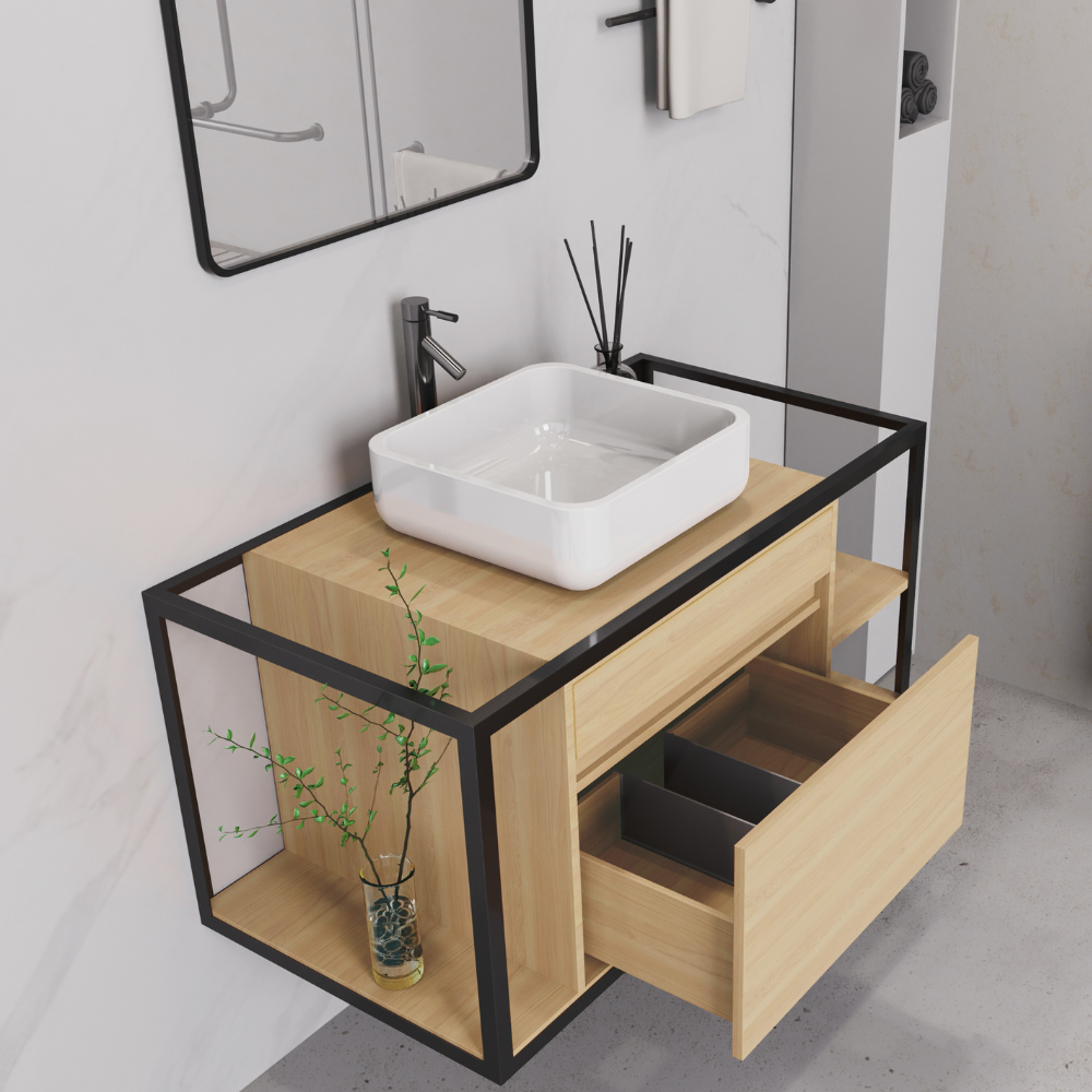 Meuble de salle de bain suspendu sous lavabo 2 tiroirs Lavabo et miroir 100 cm Design moderne 3 étagères Design industriel, chêne - ZIK - 2