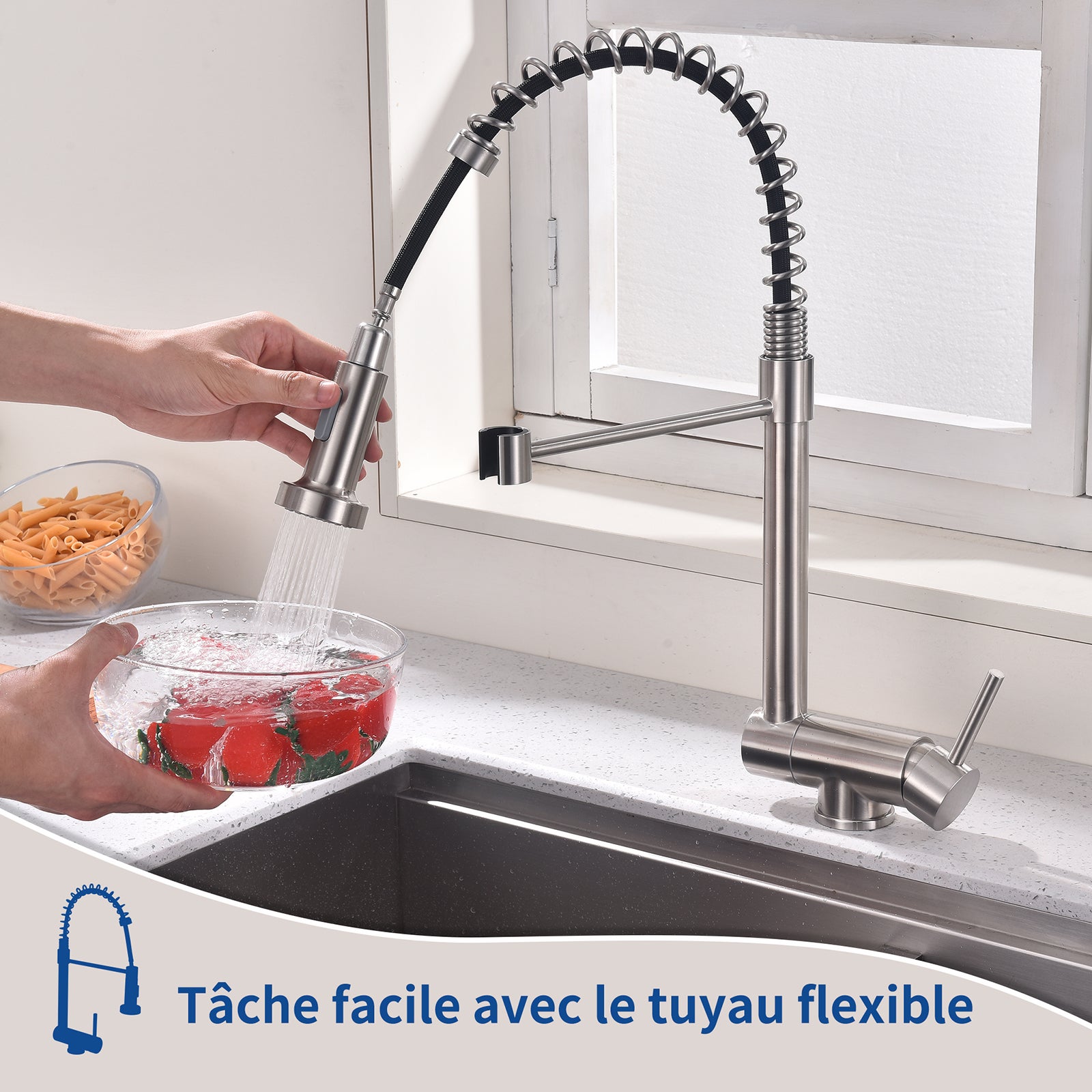 Mitigeur de Cuisine brossé pliable à ressort avec douchette 2 Jets, Robinet Cuisine d'Evier Rabattable Rotatif à 360° en Inox 304 - 5