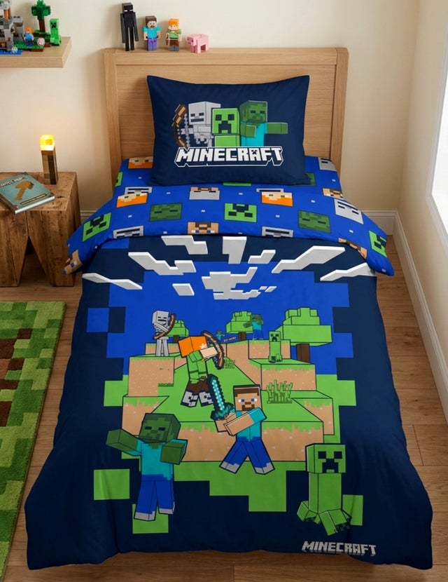 Parure de Lit Enfant Minecraft Back, 100% Coton Oeko-Tex, Lit 1 place Housse de Couette 140x200 cm, Taie d'oreiller 63x63 cm