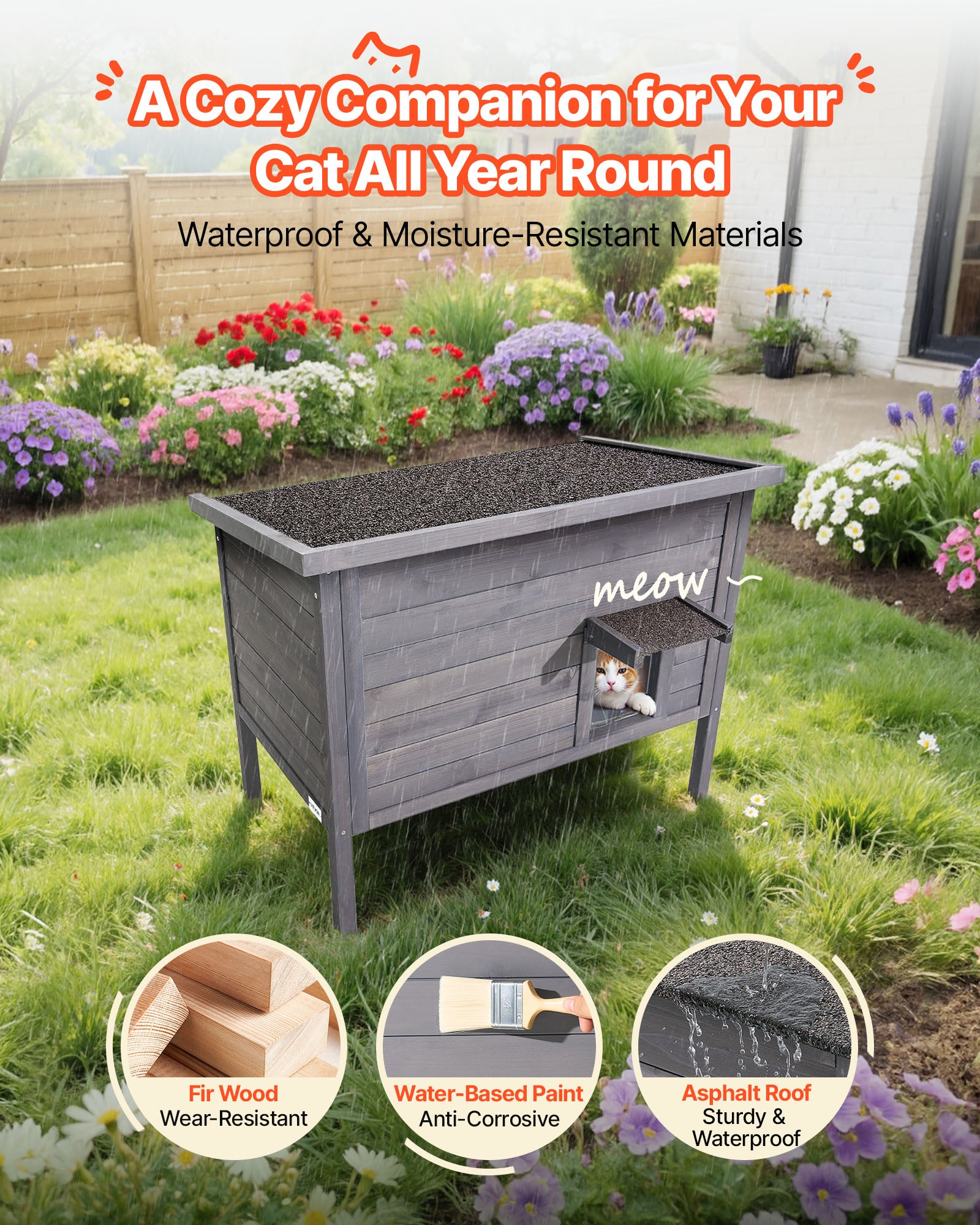 Casa para gatos aquecida VEVOR, madeira+PVC, 87×53,5×69 cm, almofada térmica, teto asfáltico abrível, 1–3 gatos exterior, inverno - 4