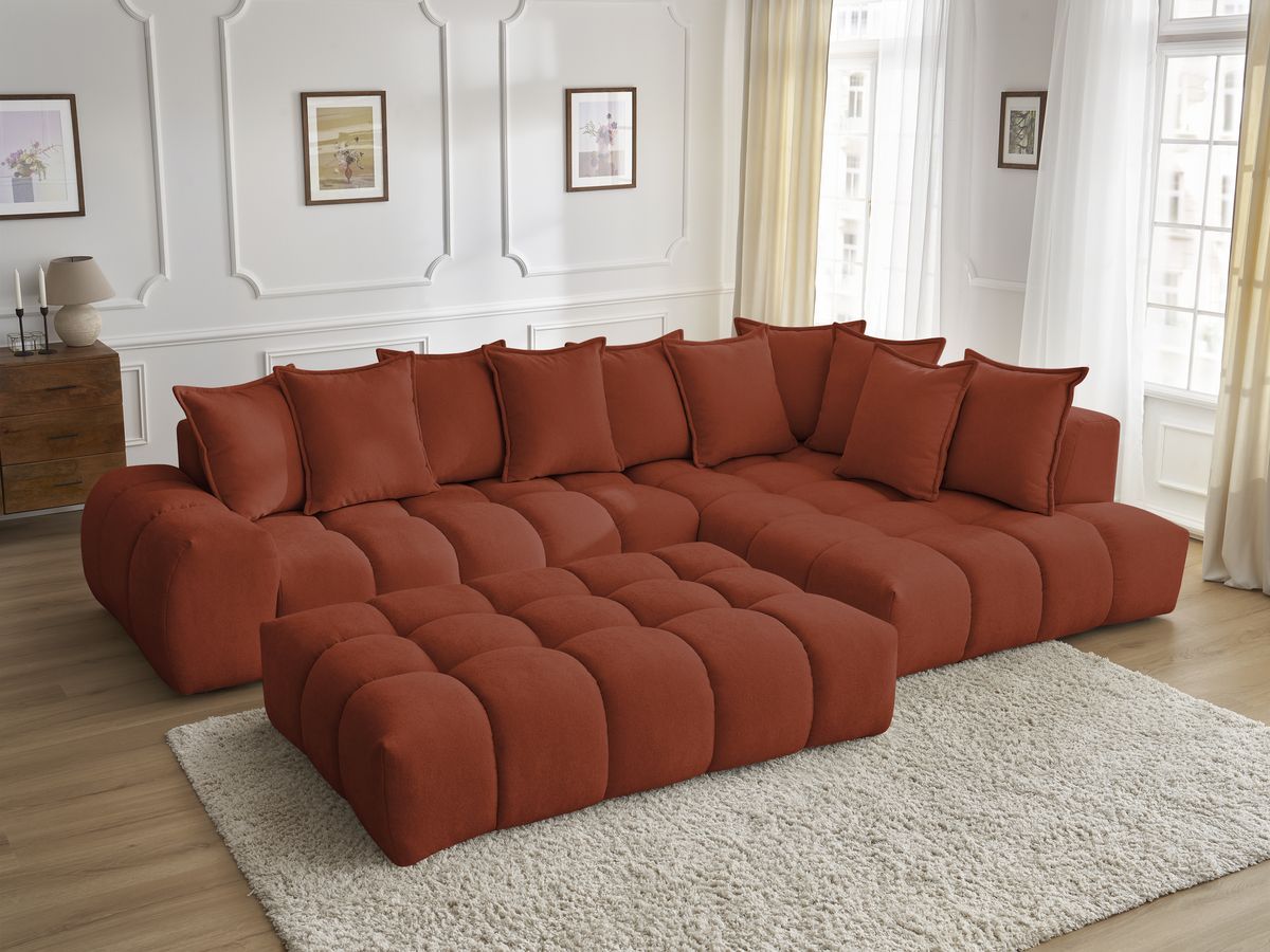 Canapé d'angle fixe EVEREST tissu texturé avec pouf BOBOCHIC 5 places ...
