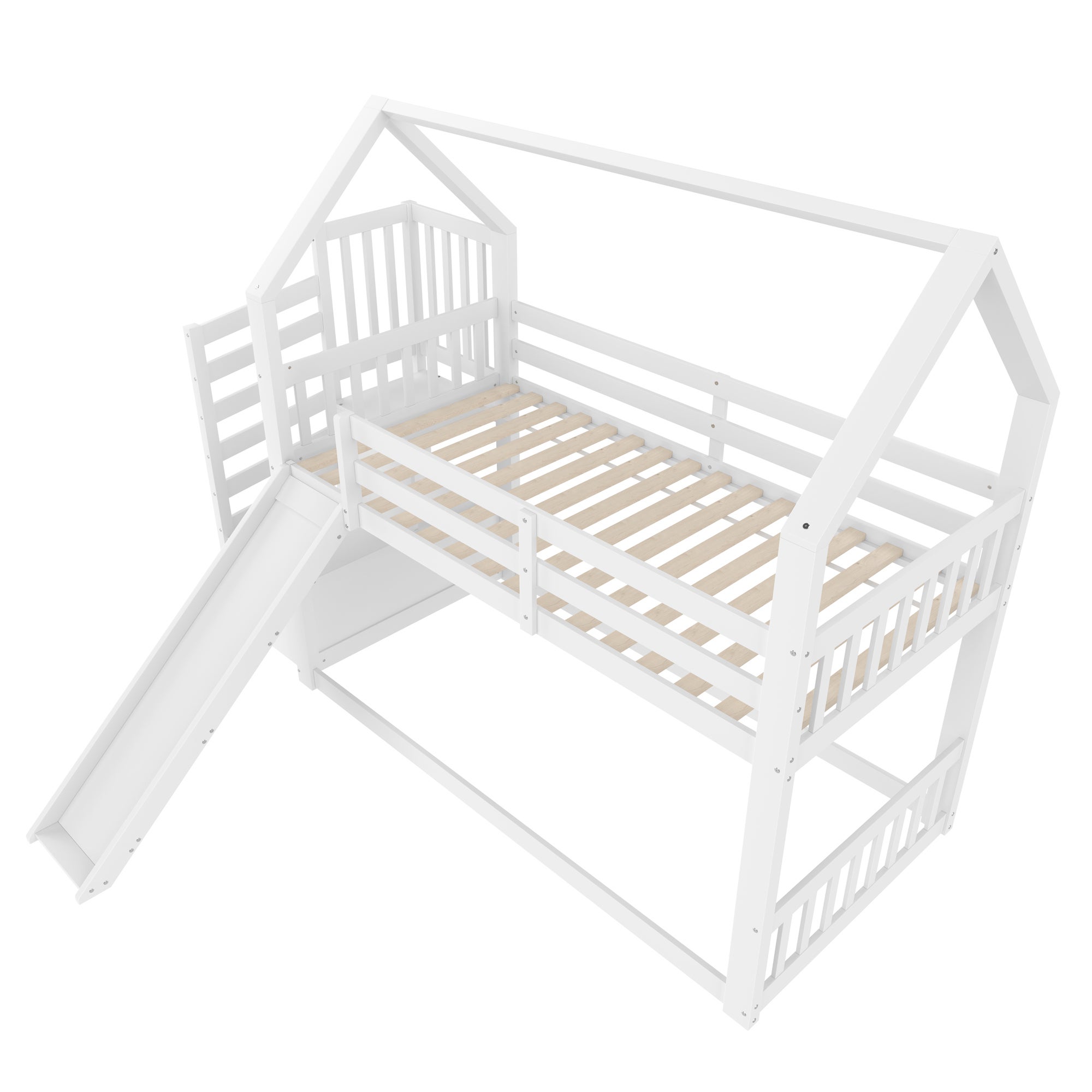 Lit superposé avec escalier de rangement et toboggan, lit d'enfant avec barrières, 90x200cm, blanc - 7