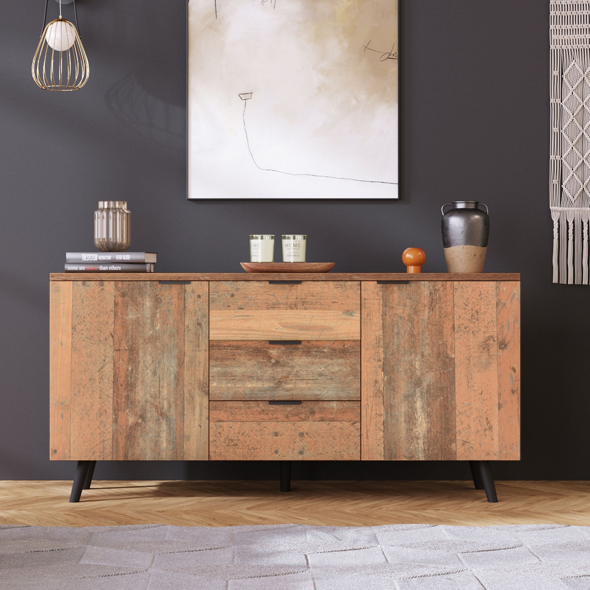 Kredens z regulowanymi półkami, 140*35*70 cm, trzy szuflady, brązowy