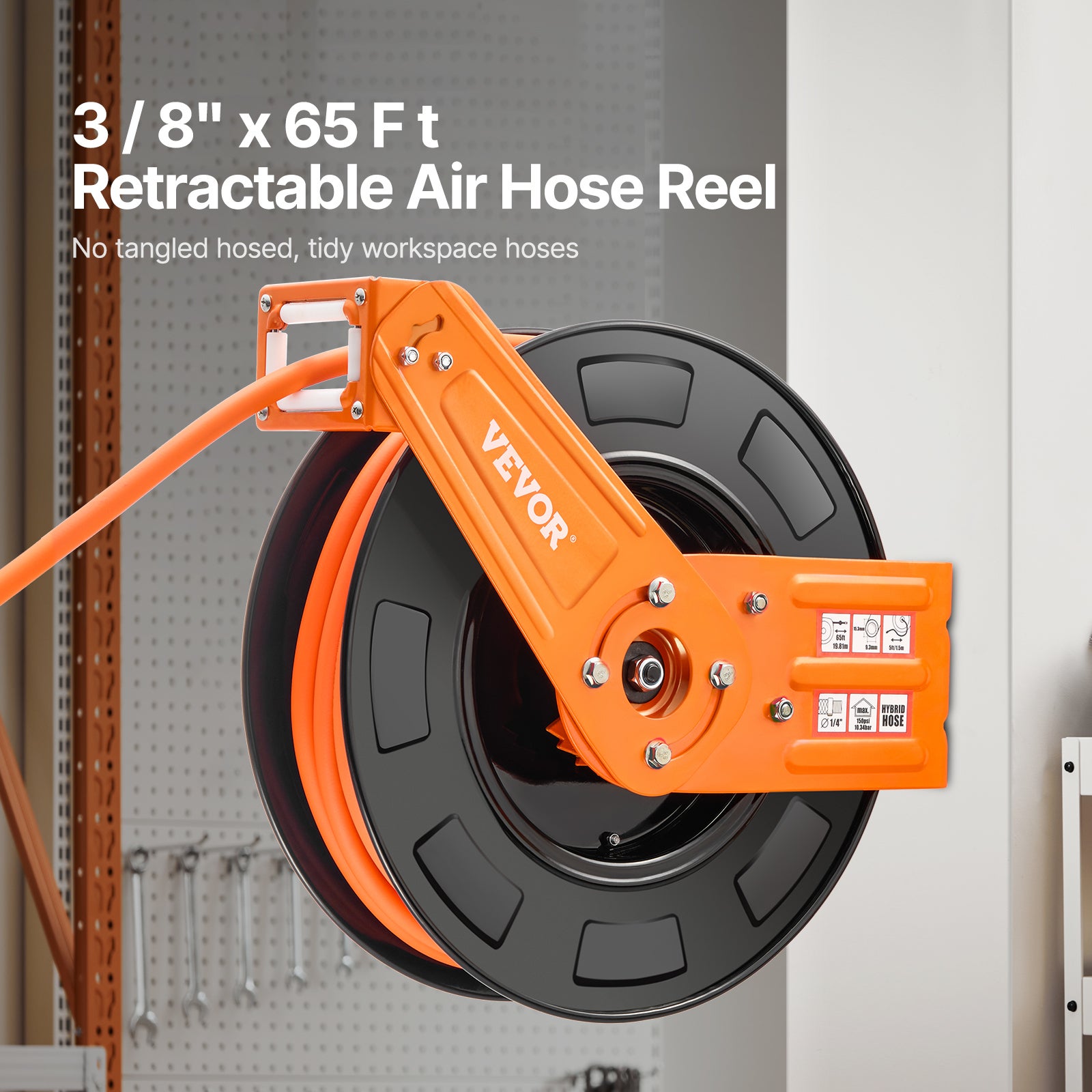 Enrouleur tuyau air comprimé hybride rétractable VEVOR 9,53 mm x 19,81 m,pression 300 PSI,rembobinage automatique,unique,montage plafond/mur - 2