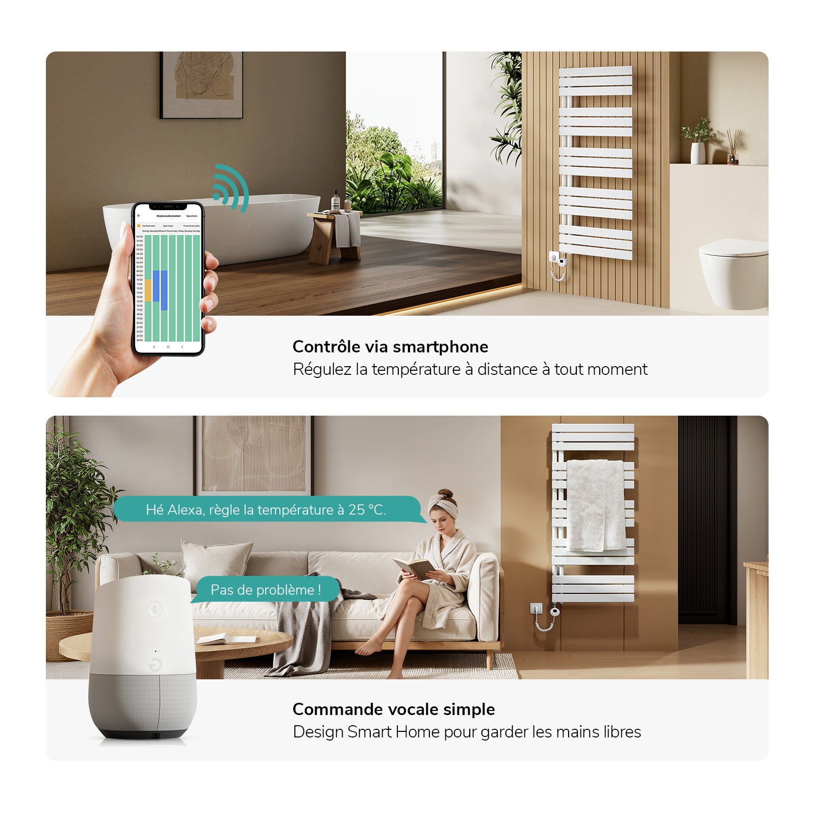 EMKE Sèche-serviettes Électrique 76 x 40 cm - Commande Intelligente avec Programmateur Hebdomadaire par APP - 400W - Blanc - 5