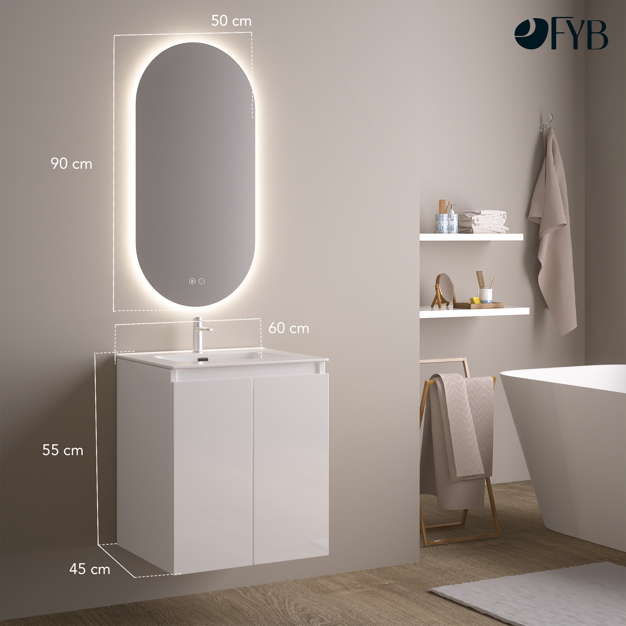 Feel Your Bath, Meuble De Salle De Bain WOLF Blanc 60 cm, 2 Portes, Vasque Céramique Intégrée Et Miroir Ovale LED Antibuée - 3