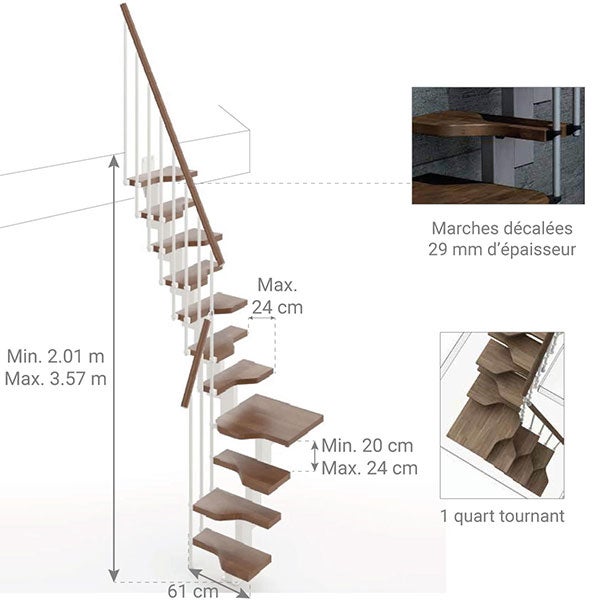 Escalier 1 quart tournant 10 marches - Hauteur à franchir de 2.21 à 2.61m - Largeur 61cm - Couleur noyer et gris - MINI61/L/SBMNOY-10 - 2