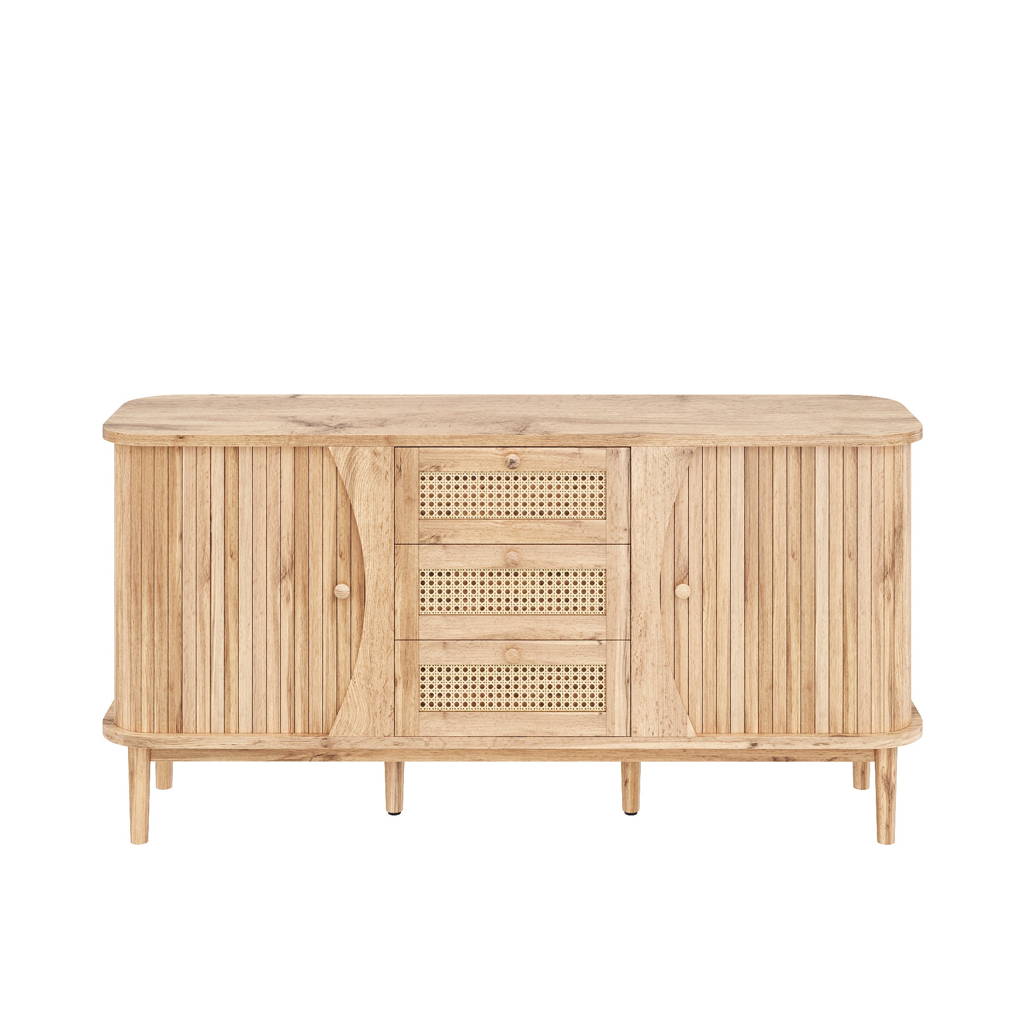 Buffet 140,5x40x76cm - 3 tiroirs en rotin - 2 portes coulissantes - étagères réglables - naturel - 8