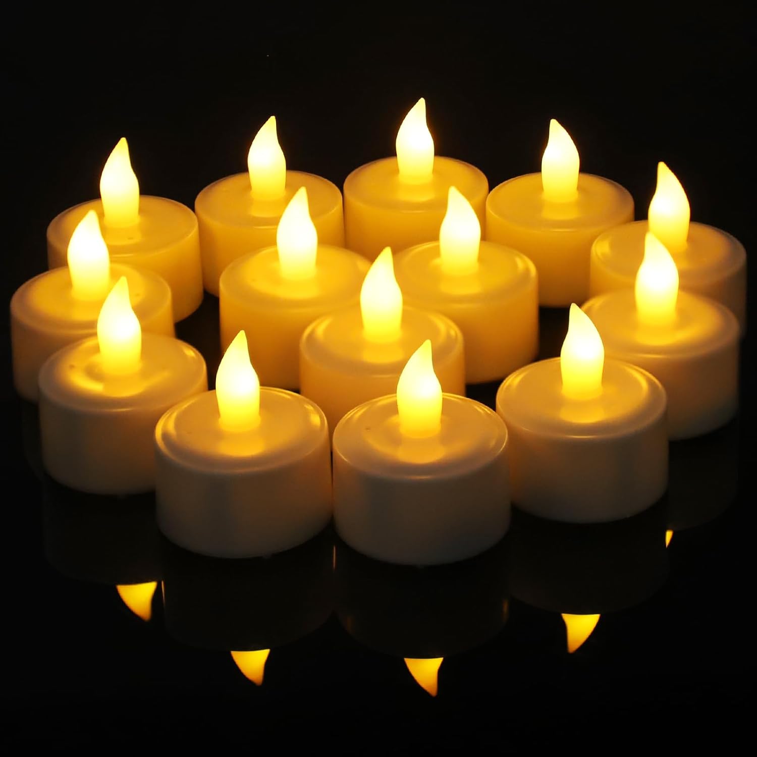 24 elektryczne bezpłomieniowe podgrzewacze, migoczące, zasilane bateryjnie, do dekoracji stołu weselnego, na Halloween i Boże Narodzenie, żółte