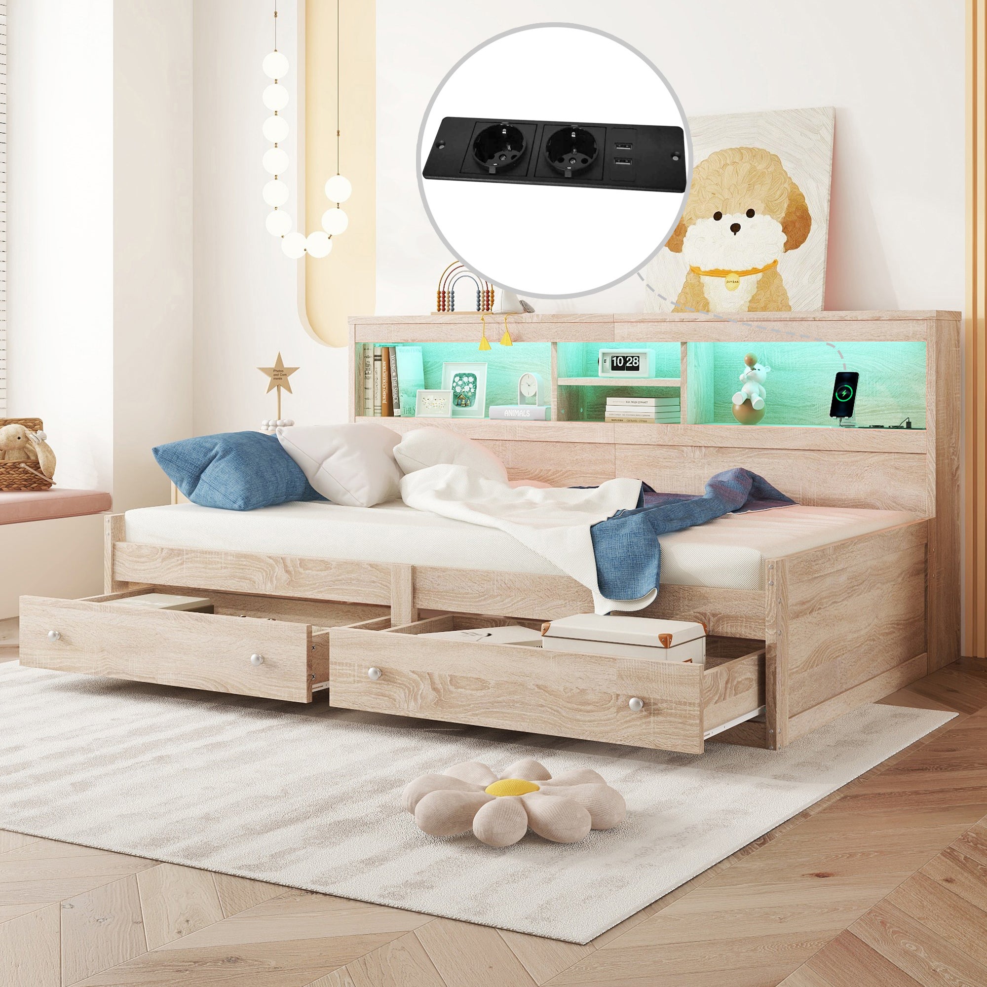 Łóżko 90 x 200 cm z 2 szufladami, półkami i 2 gniazdami USB - Płyta wiórowa - Diody LED - Naturalne (bez materaca)