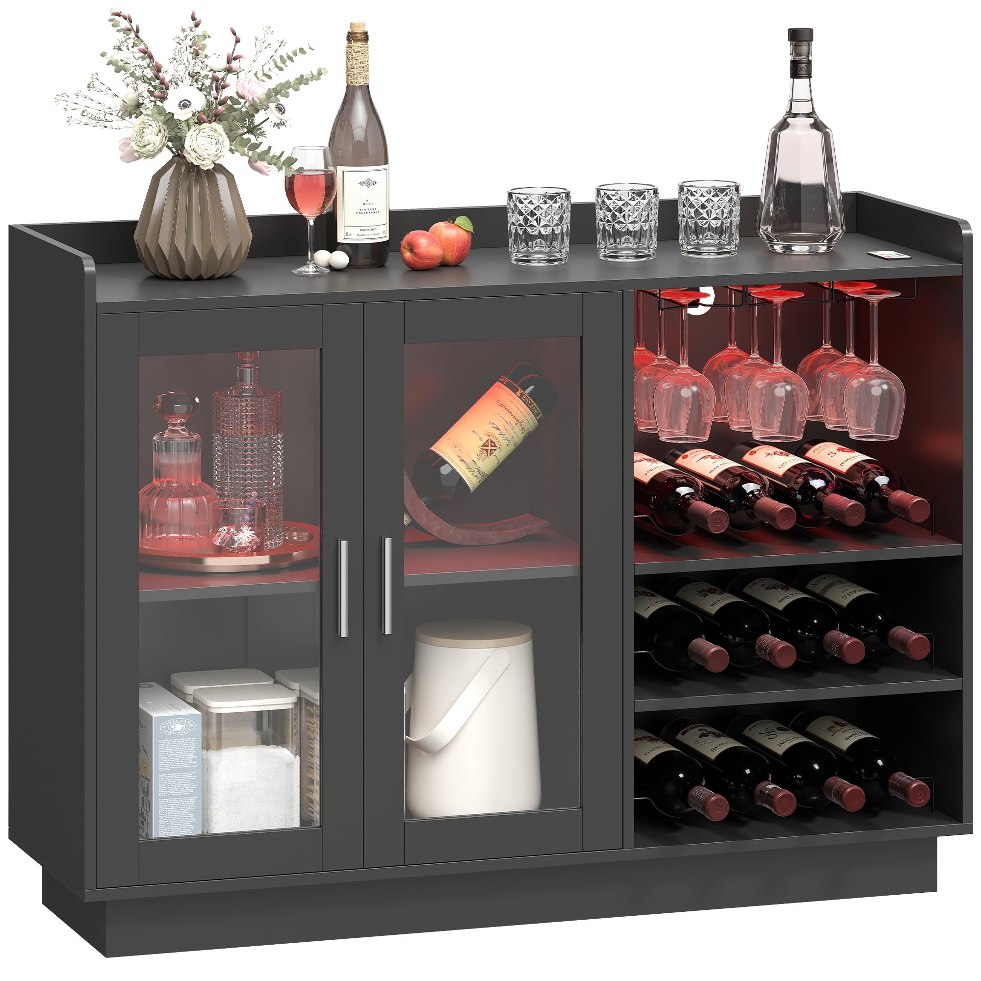 Portabottiglie móvil con luz led y andamio regulable, en legno e vetro, 120x38x88 cm, nero