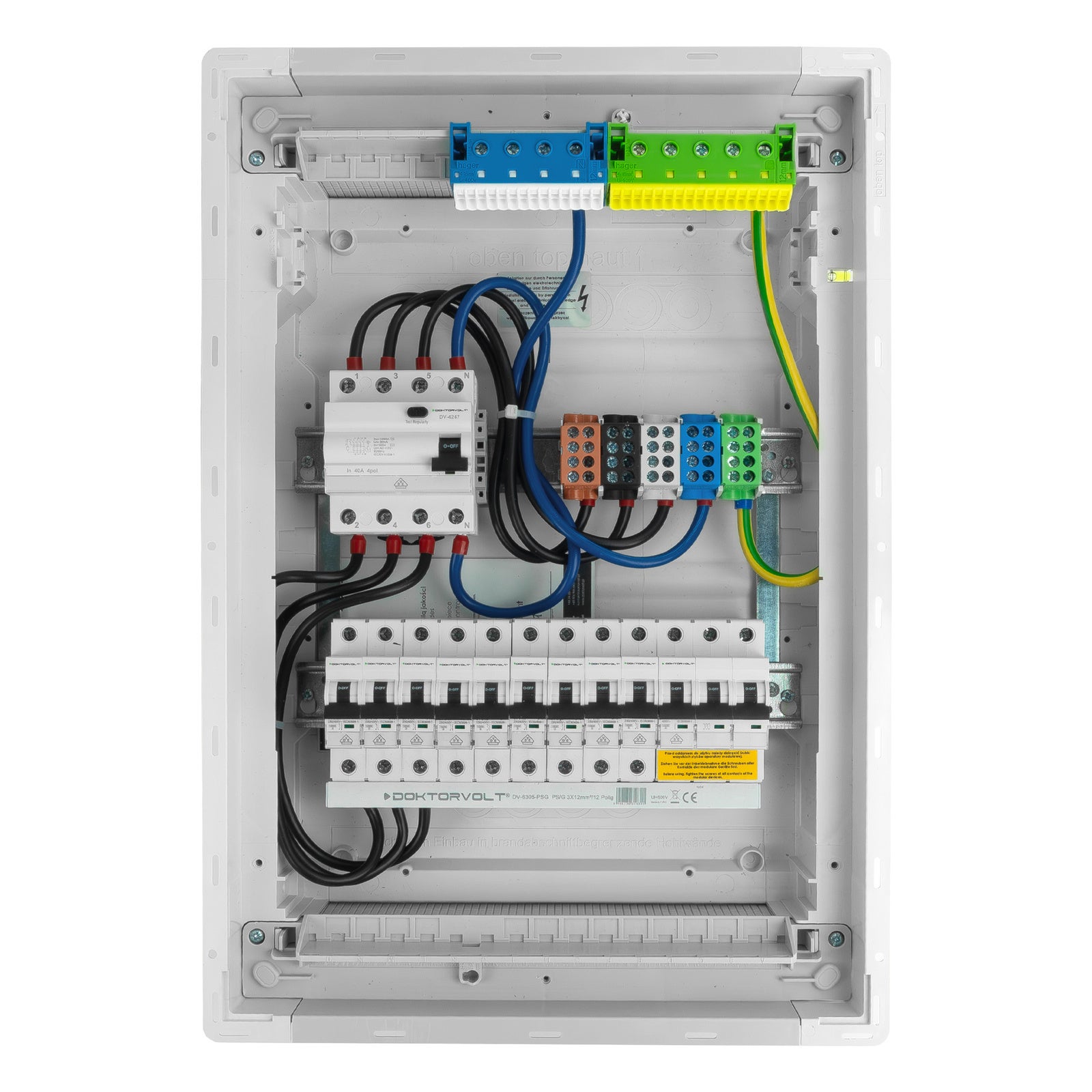 Rozdzielnica modułowa podtynkowa 2x12 zabezpieczona 10xMCB 1xRCCB VDE 505,50x348x98mm zaciski rozgałęźne L1, L2, L3, N, PE Doktorvolt DV-6227-PT